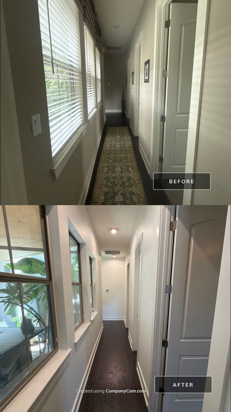Before and after photo of a hallway repainted by Hill Country Painting in Liberty Hill, TX
