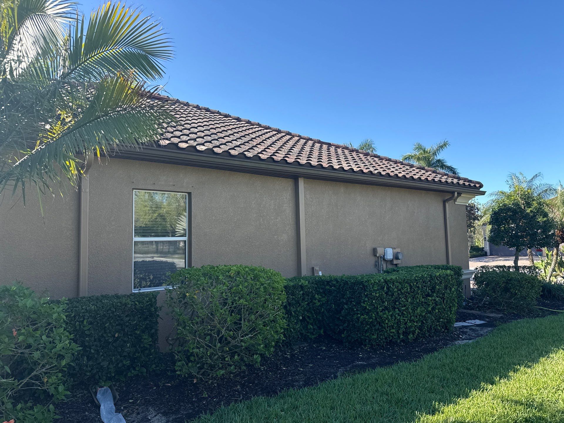 This project focused on a full gutter clean-out to restore proper water flow and prevent overflow issues.  Our scope of work included: 	•	Removing heavy leaf and pollen buildup from the gutter system 	•	Clearing out clogged sections along the rear gutters near the pool cage, where debris tends to accumulate more heavily 	•	Inspecting and cleaning the front gutter guards, which had several blocked areas restricting water flow 	•	Ensuring all downspouts and channels were flowing properly after service  Even with gutter guards installed, debris like pollen, shingle grit, and fine organic matter can still build up over time—especially in Florida’s environment. Regular maintenance helps prevent water damage, overflow, and staining on exterior surfaces.  Another thorough job completed by Sunshine AquaWash® – keeping homes protected from top to bottom. by Sunshine AquaWash