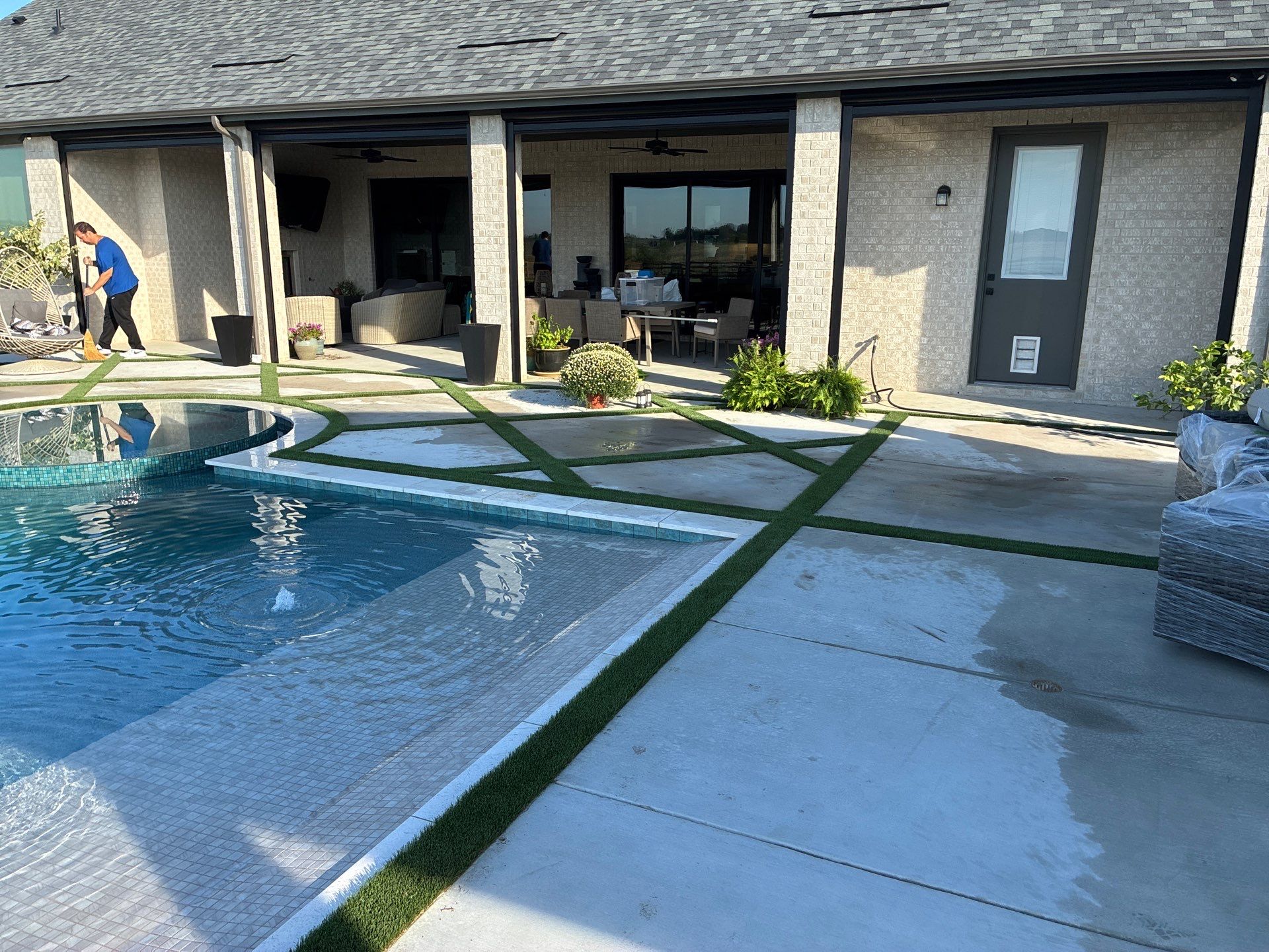 Modern Geometric Pool with Raised Spa, Fire Pit and Cedar Pavilion by Pinnacle Pools and Spas - DFW
