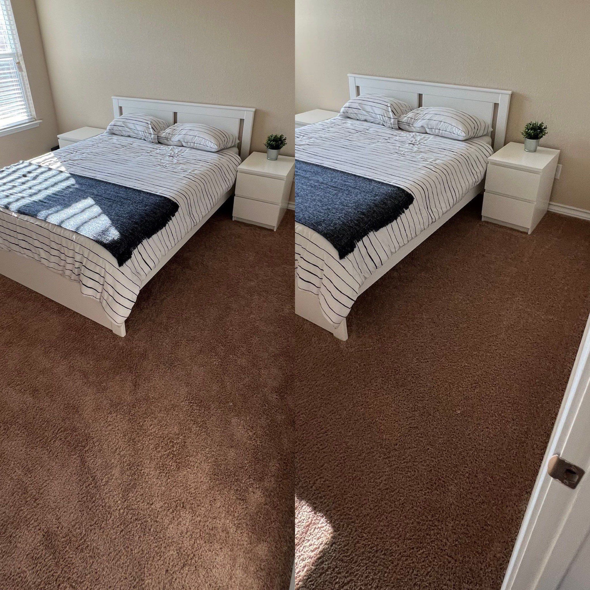 the service being done is carpet cleaning in a bedroom removing dirt and stains from the carpeted floor near the bed