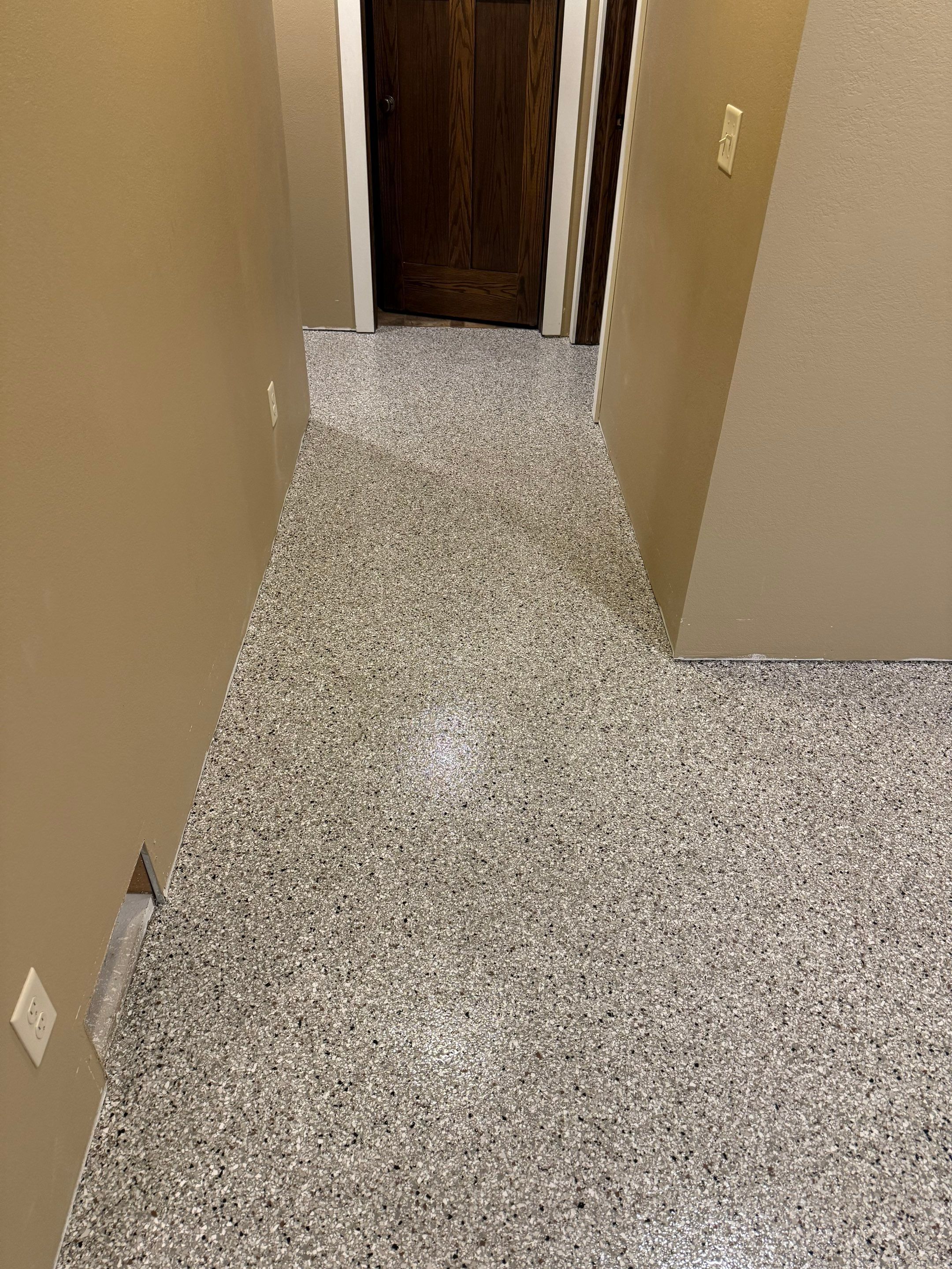 Decorative Flake Concrete Floor Coating for Larchwood Basement by Select Painting, Coatings & Garage Cabinets