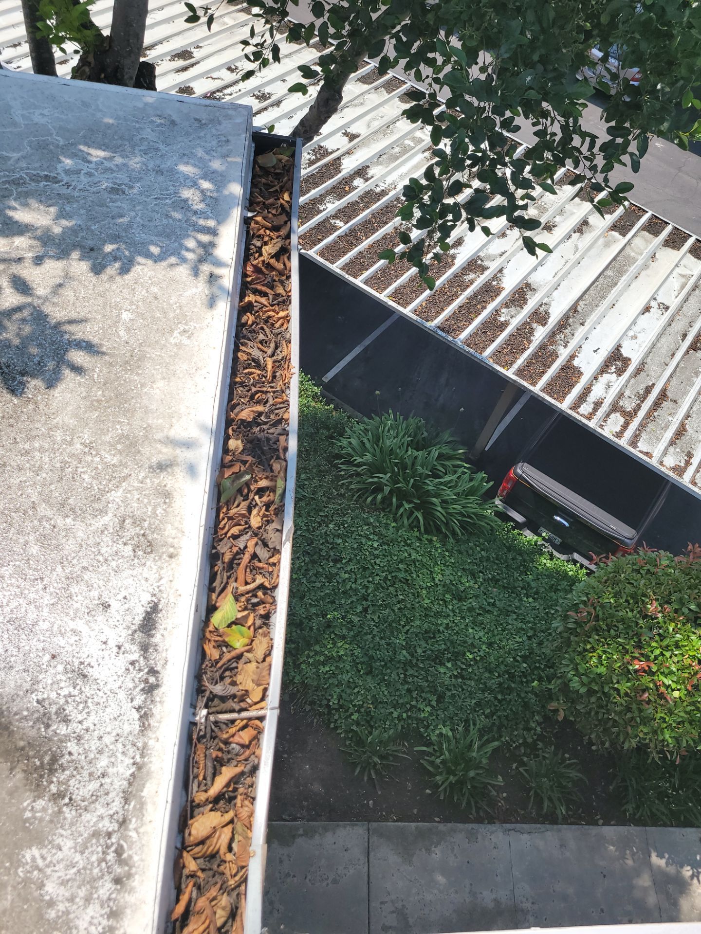 Commercial gutter cleaning Carlsbad & Oceanside, CA before photo with filled gutters