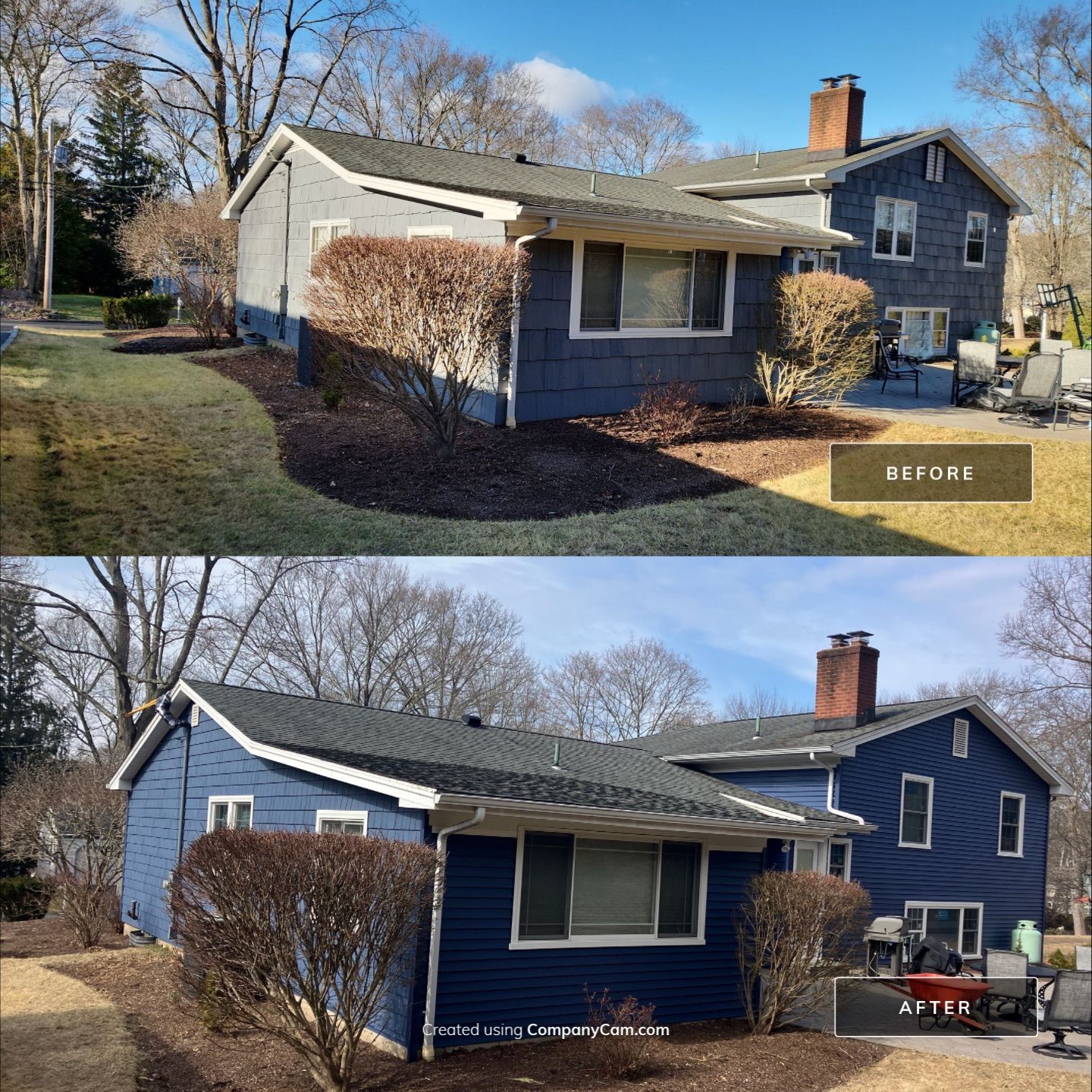 Elevated Siding with Cert Cedar Impressions D/7 Perfection straight bottom, Midnight Blue and Cert Monogram D/4 x 25' clapboard, Midnight Blue by DiGiorgi Roofing and Siding Inc