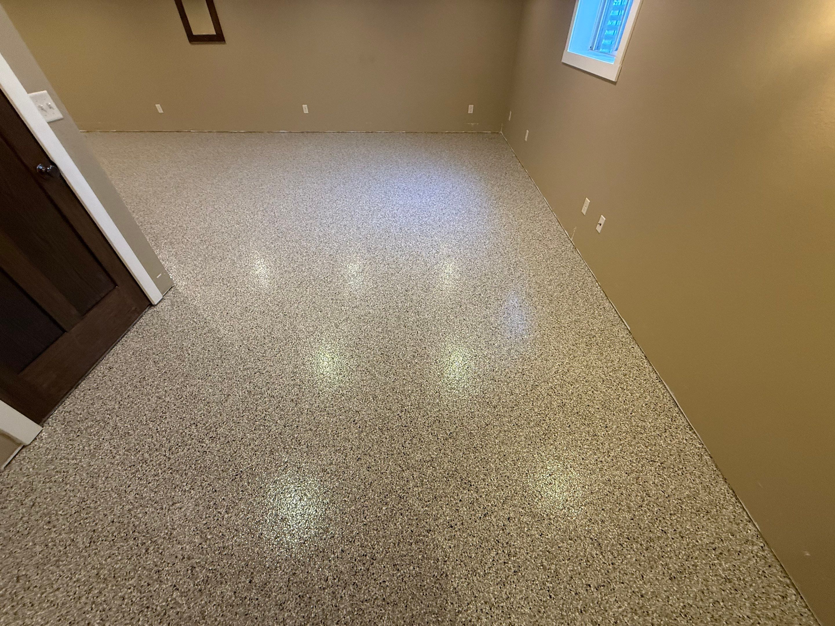 Decorative Flake Concrete Floor Coating for Larchwood Basement by Select Painting, Coatings & Garage Cabinets