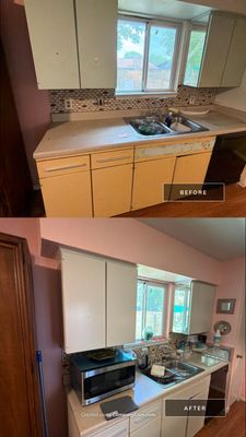 Before and after photo of a kitchen repainted by Hill Country Painting in Austin, TX