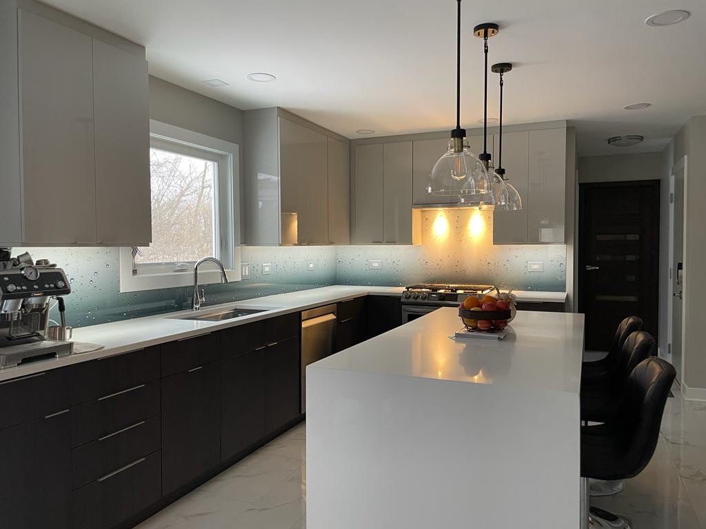 Let It Rain Kitchen Remodel using IMAGIO Solid Glass Backsplash by IMAGIO
