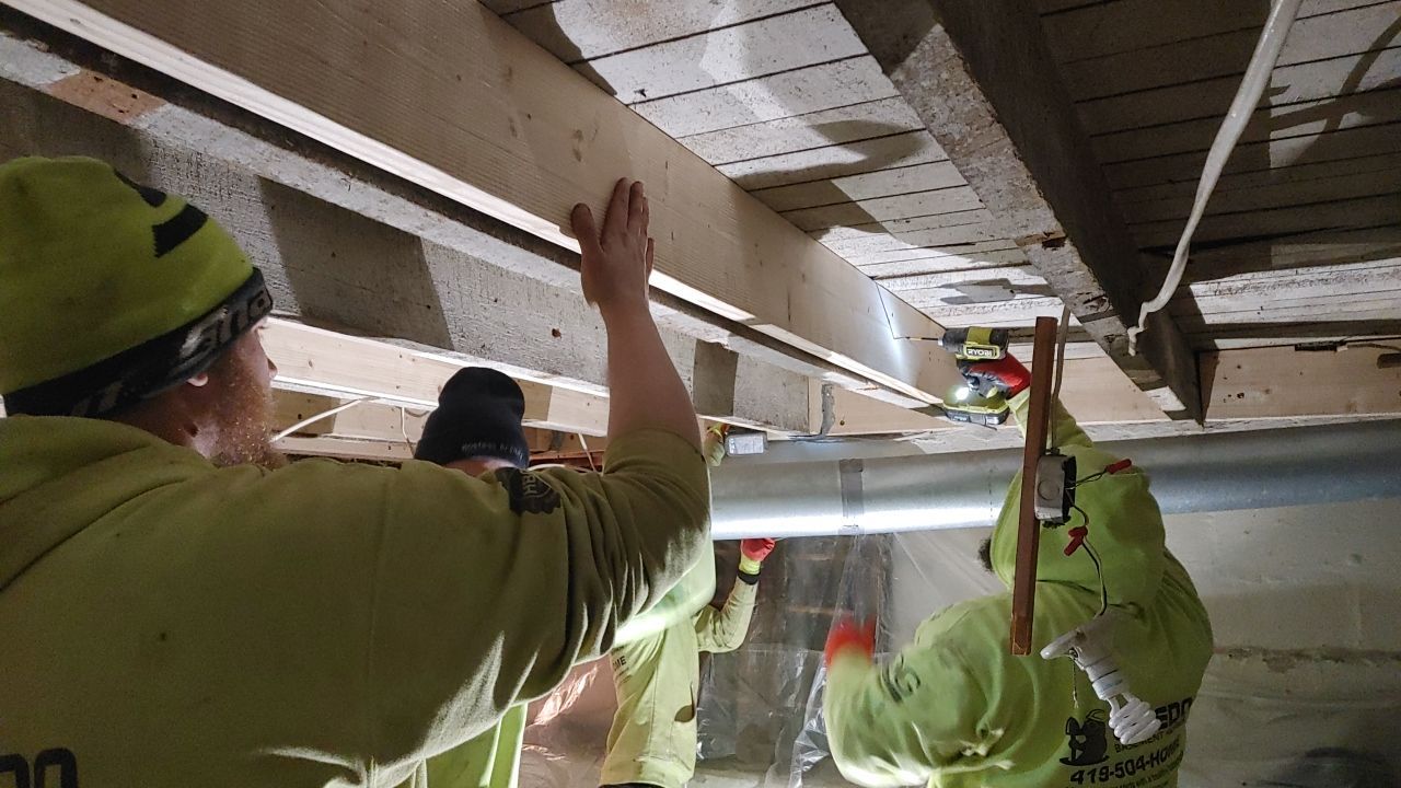 Structural Wood Reinforcement using Structural Wood and Steel Reinforcements (Main Floor Joist) by Toledo Basement Repair