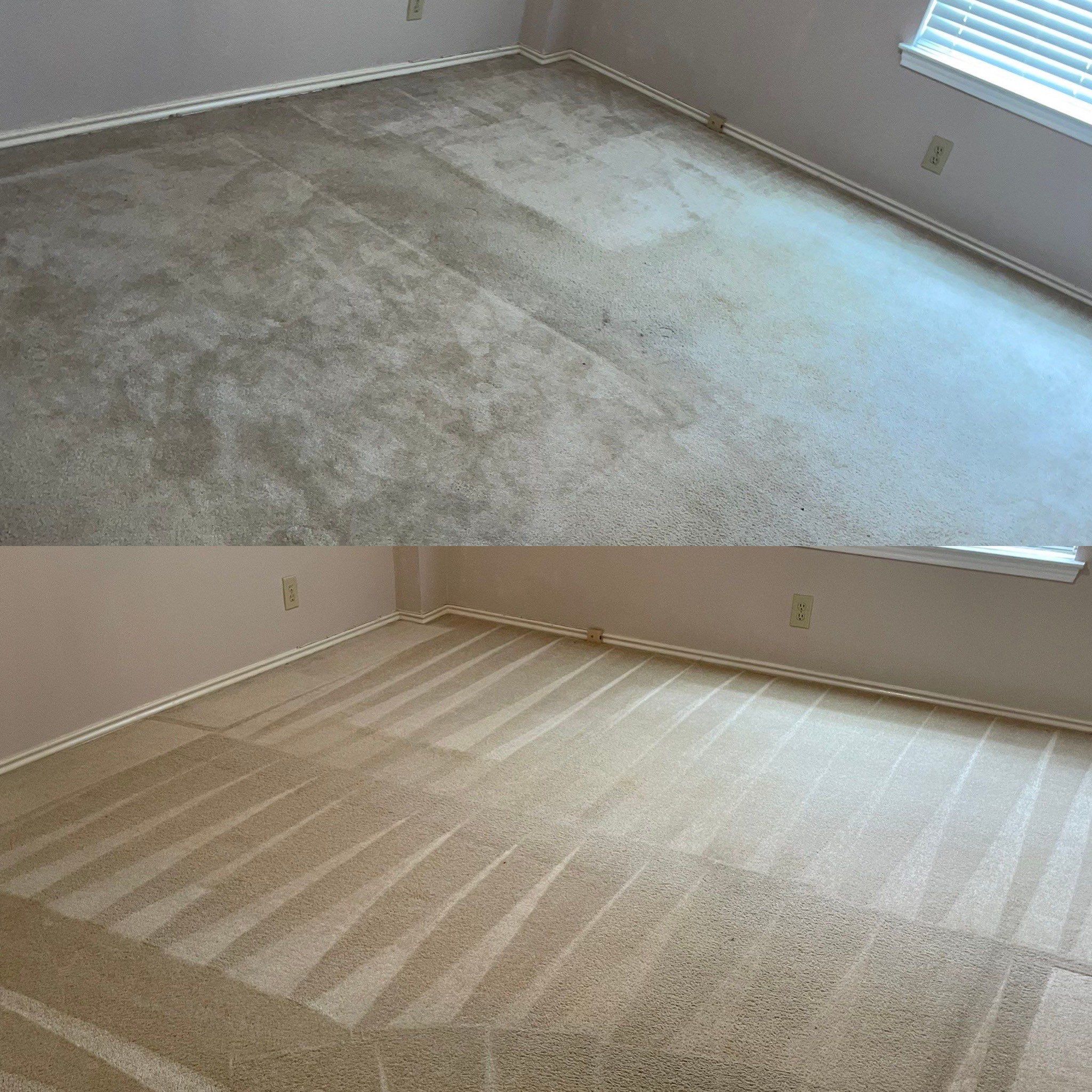 the image shows a before and after scenario of carpet cleaning service the top photo displays a heavily soiled and stained carpet with visible dirt and dark patches indicating high foot traffic or spillage areas the bottom photo shows the same carpet after a thorough cleaning the carpet appears much cleaner with a revitalized appearance showcasing uniform color and texture clean lines from the cleaning process are also visible suggesting the use of a steam cleaner or similar device for deep cleaning the carpet fibers the transformation indicates the removal of dirt stains and possibly odors achieving a refreshed and maintained look for the carpet the carpet cleaning service likely involved pretreatment of stains steam cleaning with a hot water extraction method and possibly deodorizing treatments to ensure a complete renewal of the carpet surface