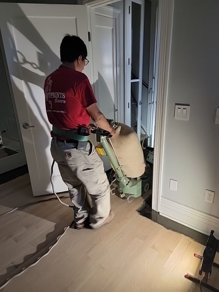 From dark to light, the results are stunning! Beautiful white oak refinish with Country White stain by Footprints Floors of Nashville