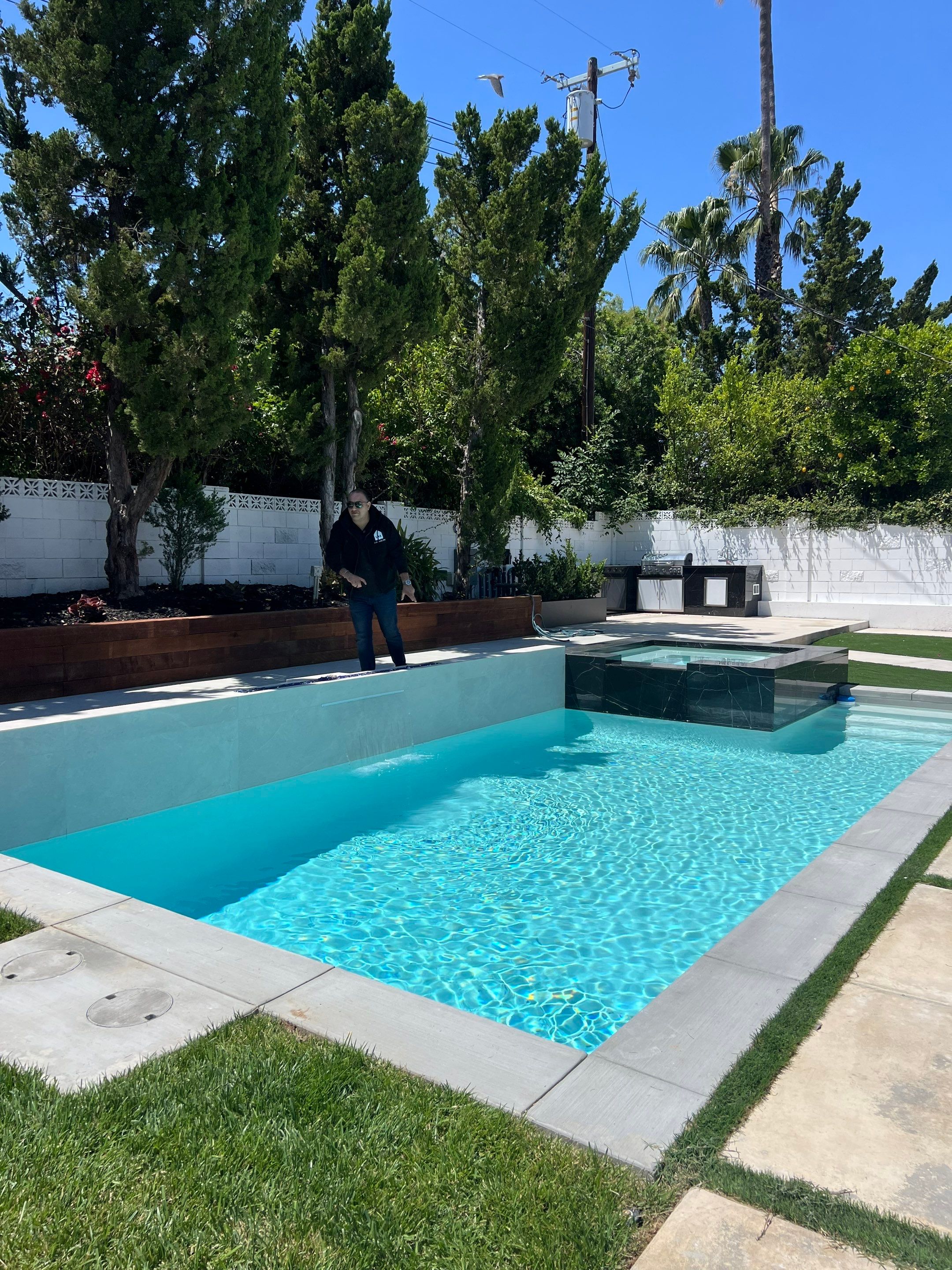 Pool With Raised Spa, Water/Fire Feature by Lax Home Inc 