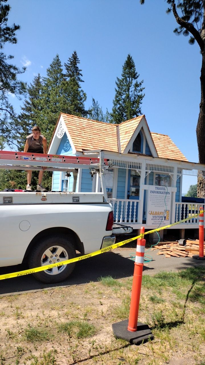 Cedar Shake Install using #1 Blue Label Cedar Shingles for the Albany Visitors Association  by Orezona Building & Roofing Company, Inc.