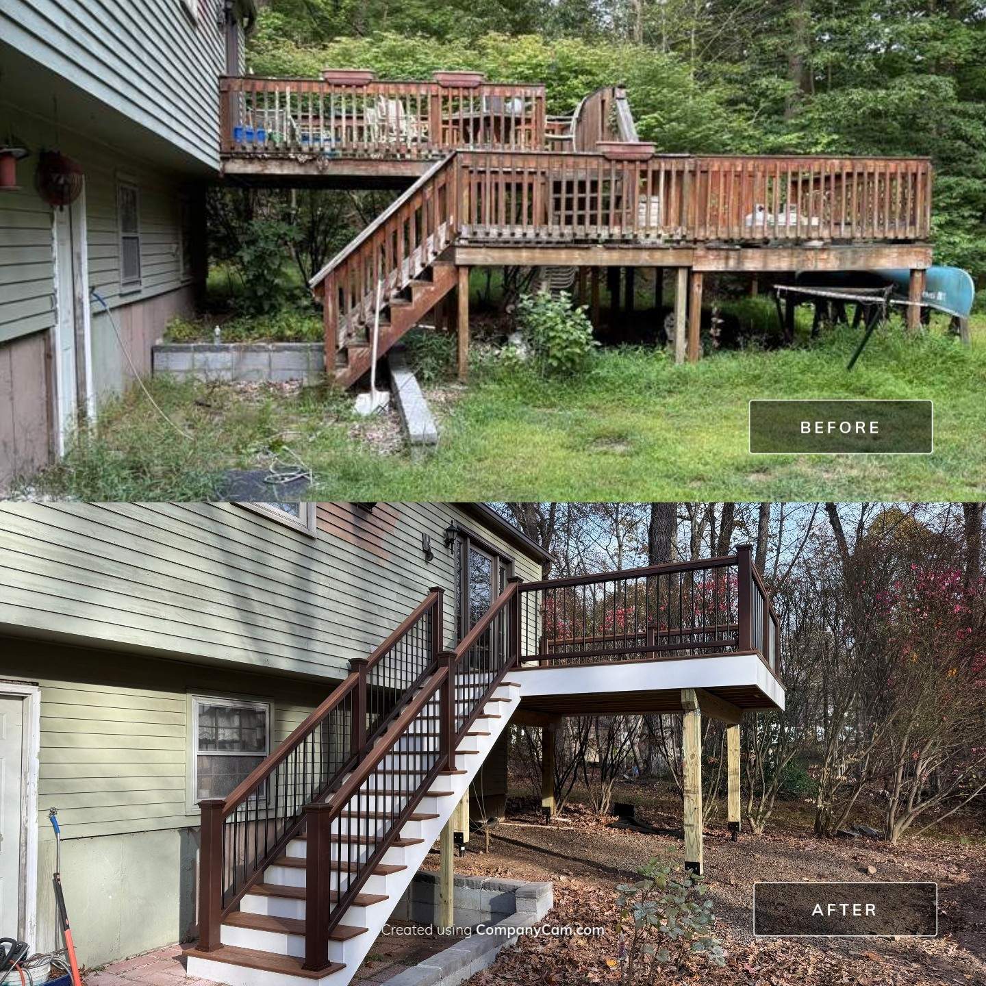 Replacement deck with Trex Tropical Tiki torch and Transcend Cocktail railings in vintage lantern. by DiGiorgi Roofing and Siding Inc