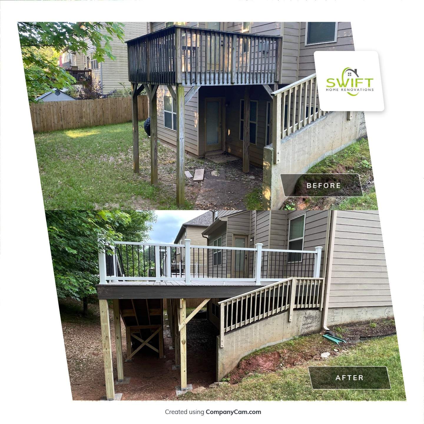 Custom Elevated Deck Replacement with White and Black Railings by Swift Home Renovations