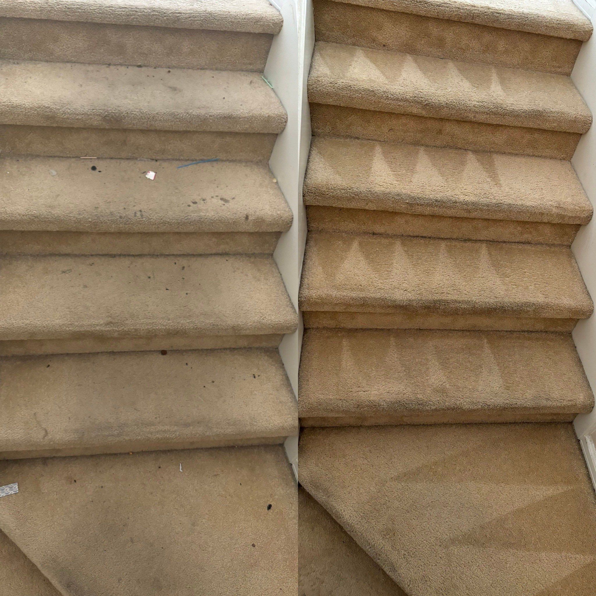 the service is cleaning and restoring the appearance of dirty carpeted stairs making them look fresh and tidy