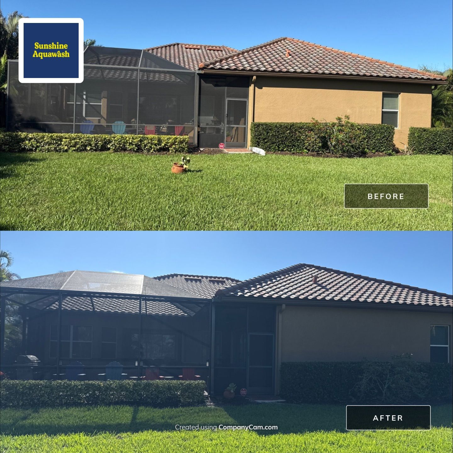 This project focused on a full gutter clean-out to restore proper water flow and prevent overflow issues.  Our scope of work included: 	•	Removing heavy leaf and pollen buildup from the gutter system 	•	Clearing out clogged sections along the rear gutters near the pool cage, where debris tends to accumulate more heavily 	•	Inspecting and cleaning the front gutter guards, which had several blocked areas restricting water flow 	•	Ensuring all downspouts and channels were flowing properly after service  Even with gutter guards installed, debris like pollen, shingle grit, and fine organic matter can still build up over time—especially in Florida’s environment. Regular maintenance helps prevent water damage, overflow, and staining on exterior surfaces.  Another thorough job completed by Sunshine AquaWash® – keeping homes protected from top to bottom. by Sunshine AquaWash