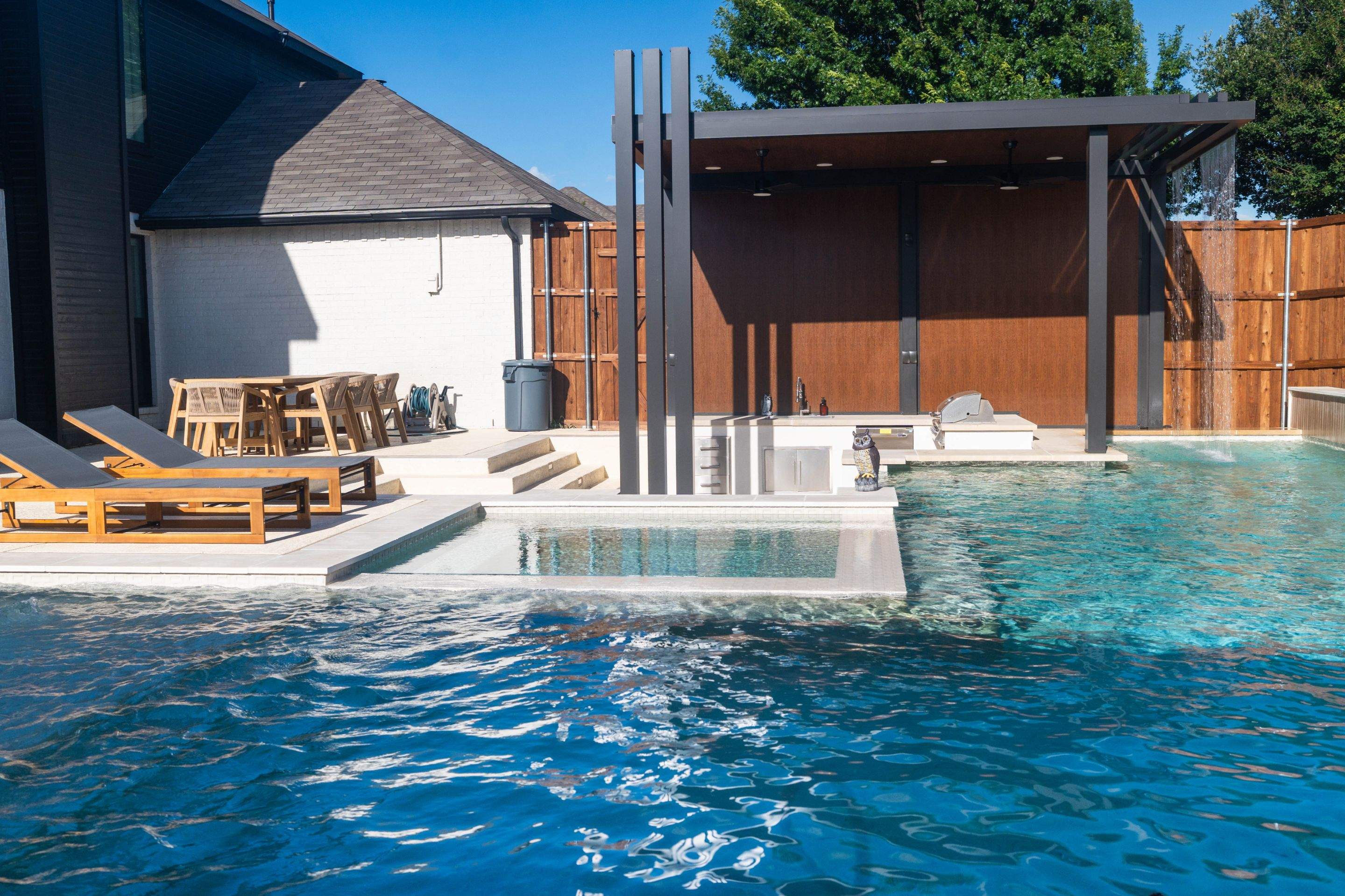 Modern Geometric Pool with Cabana and Fire Feature by Pinnacle Pools and Spas - DFW