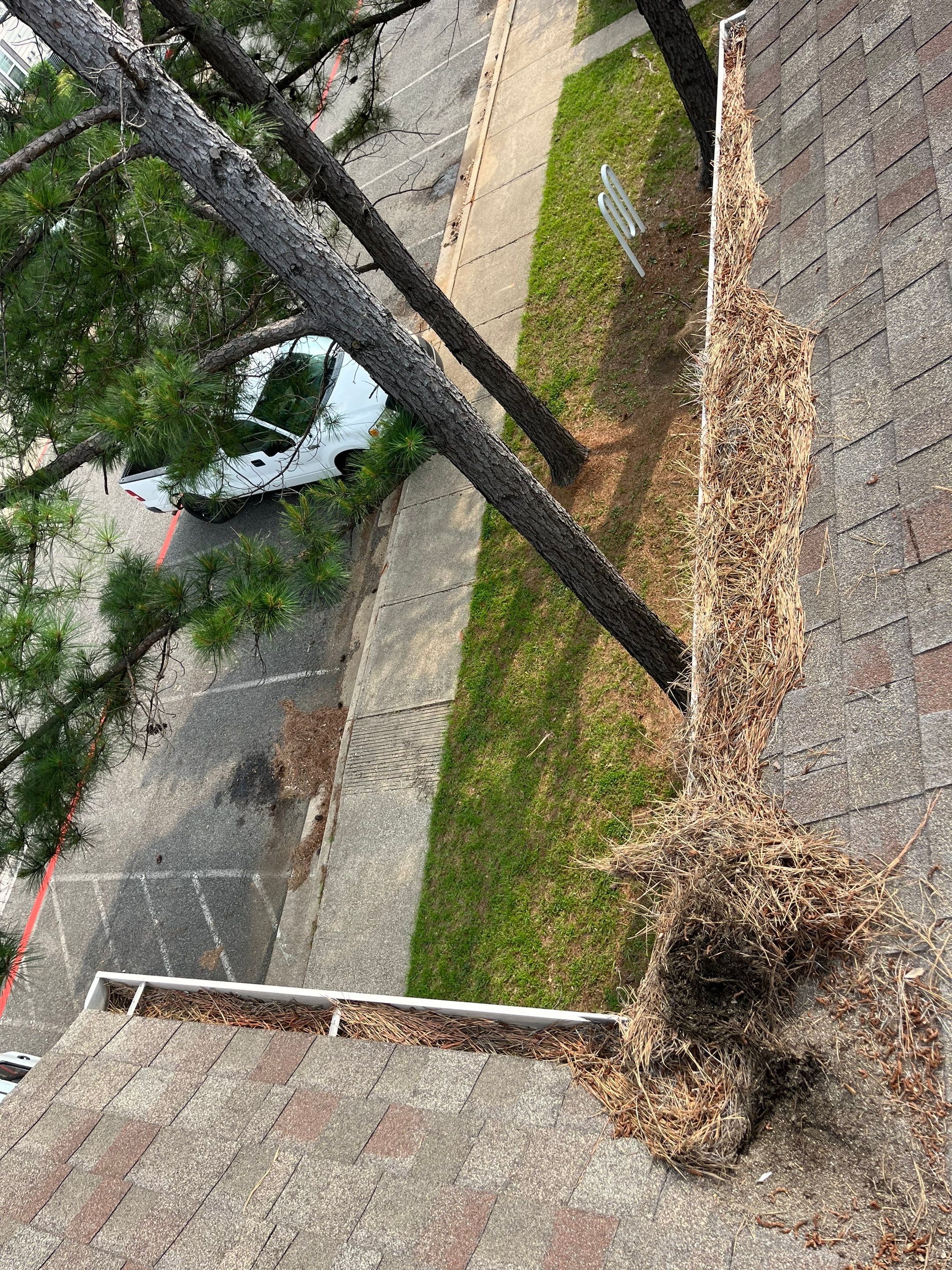 Commercial gutter cleaning Tyler & Longview before photo with filled gutters