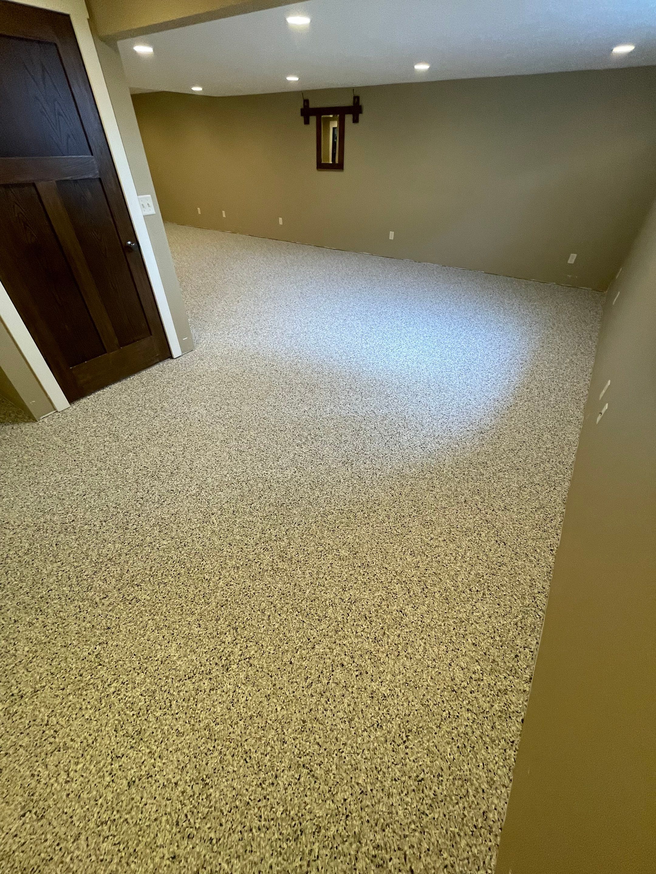 Decorative Flake Concrete Floor Coating for Larchwood Basement by Select Painting, Coatings & Garage Cabinets
