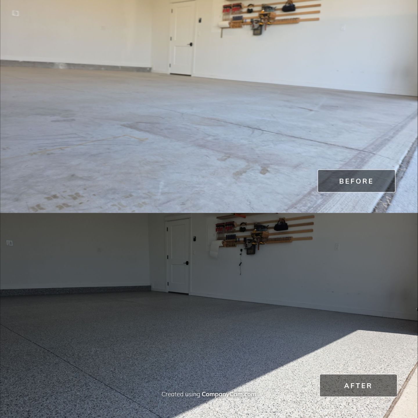 Ames Garage Floor Transformation with Gray and White Speckled Epoxy by Revival Concrete Coatings
