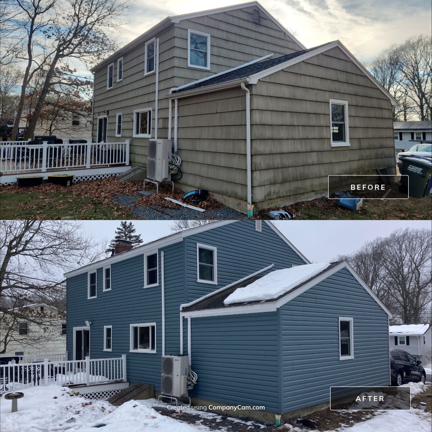Siding Transformation with Certaplank S/7 insulated Herringbone, and Cert Monogram D/5x12' Dutchlap Wedgewood Blue by DiGiorgi Roofing and Siding Inc