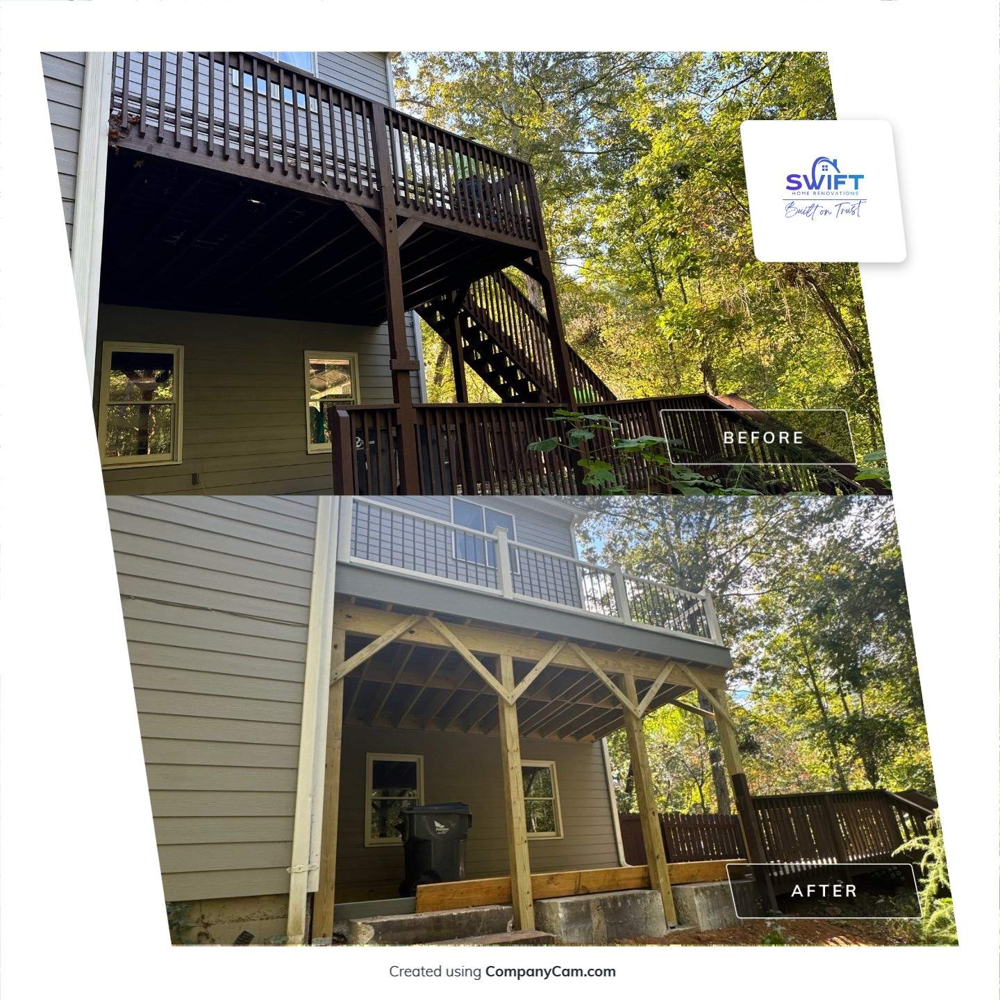 Elevated Deck Replacement with White Railings in Kennesaw by Swift Home Renovations 