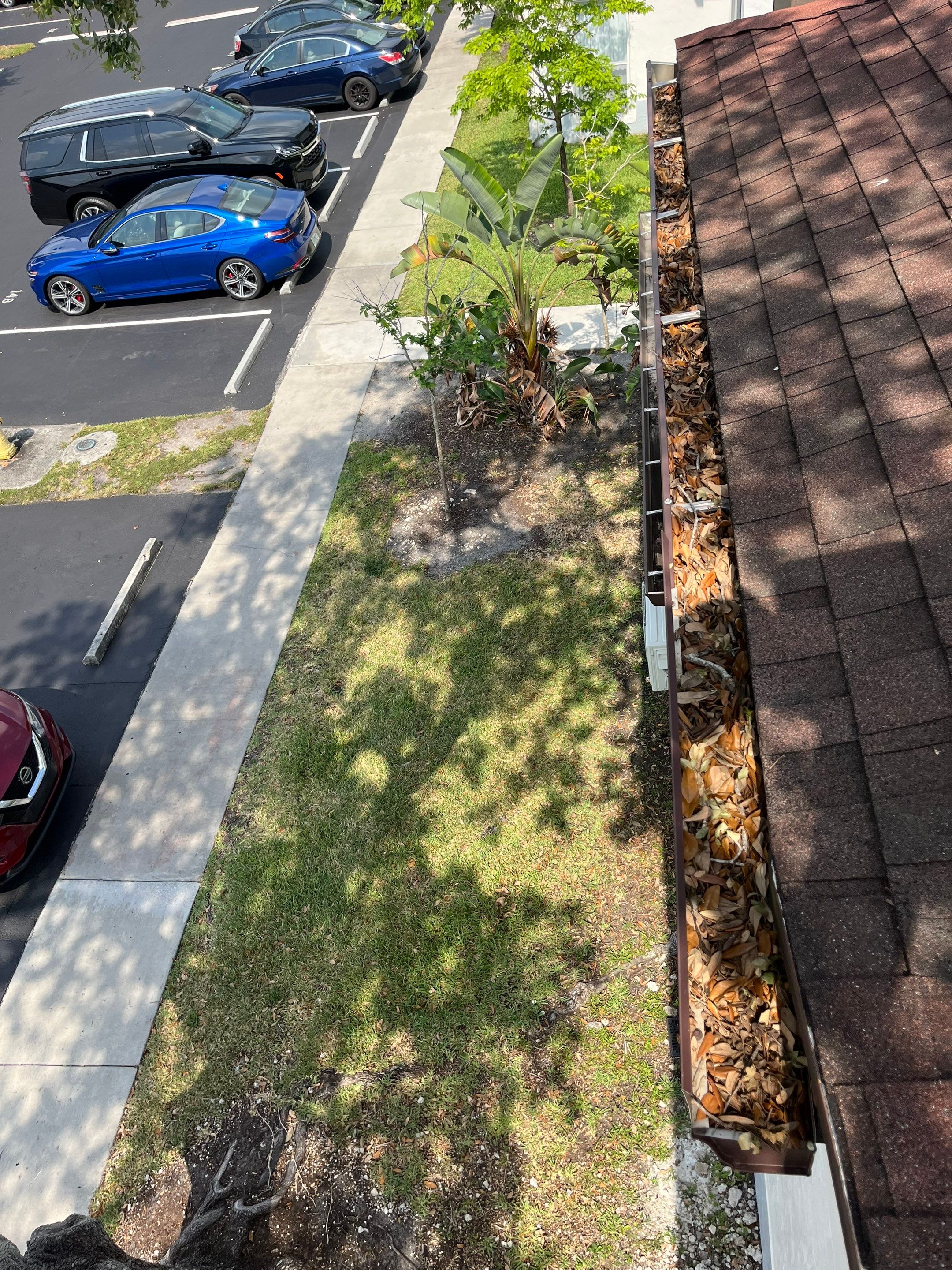 Commercial gutter cleaning Miami & Fort Lauderdale before photo with filled gutters