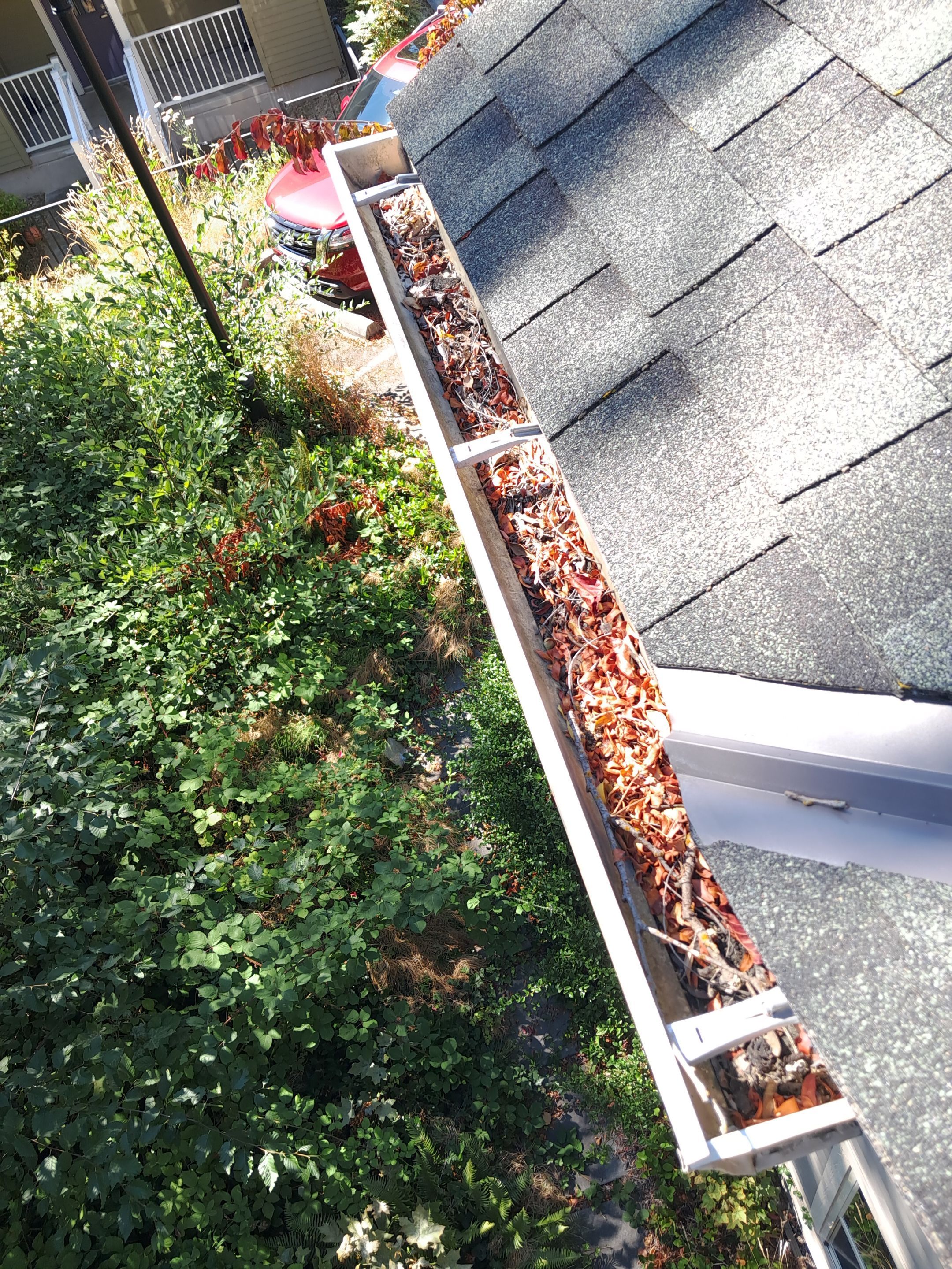 Commercial gutter cleaning Seattle before photo with filled gutters