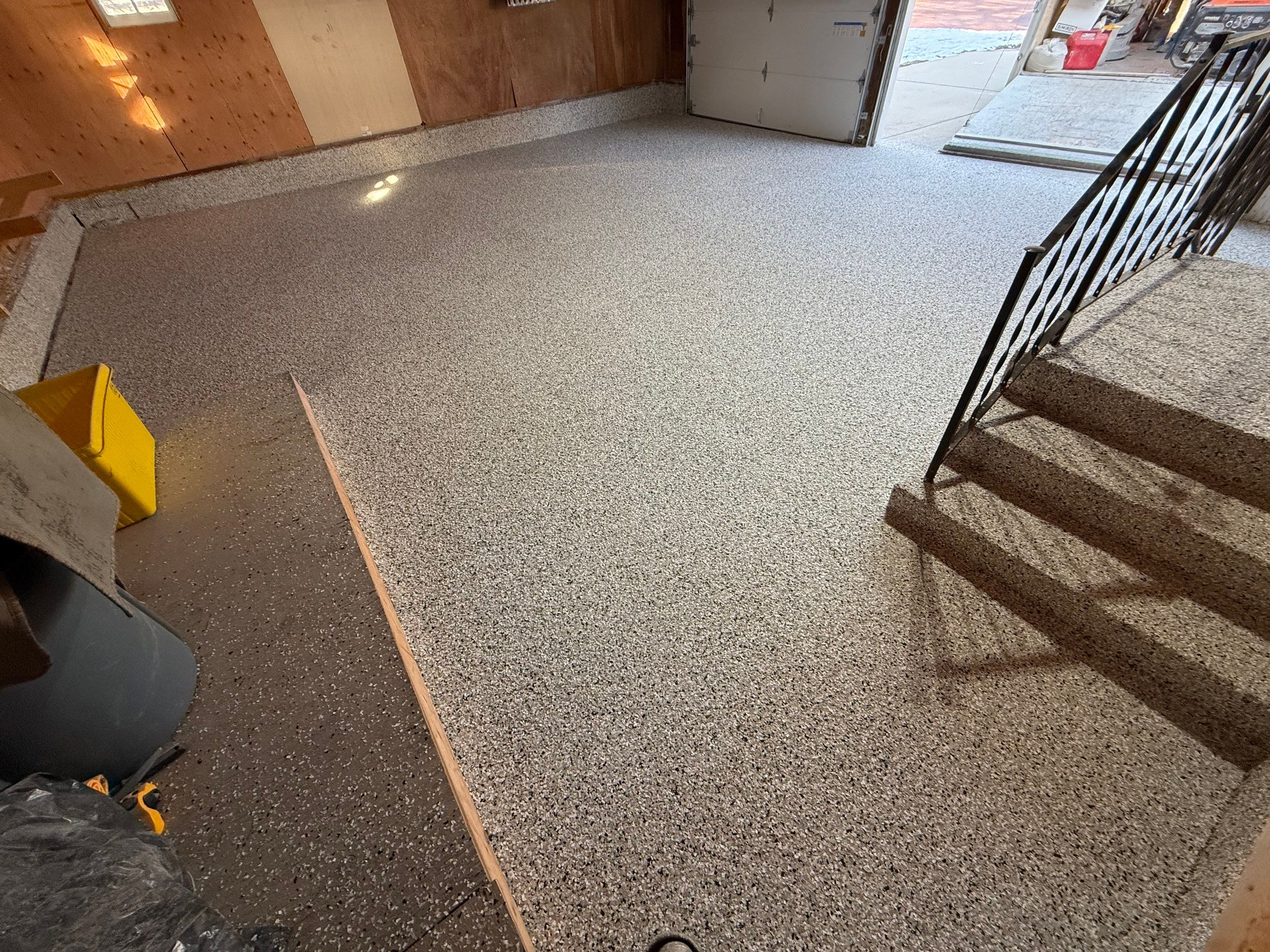 Multi-Colored Epoxy Garage Floor Coating and Concrete Stair Restoration by Select Painting, Coatings & Garage Cabinets