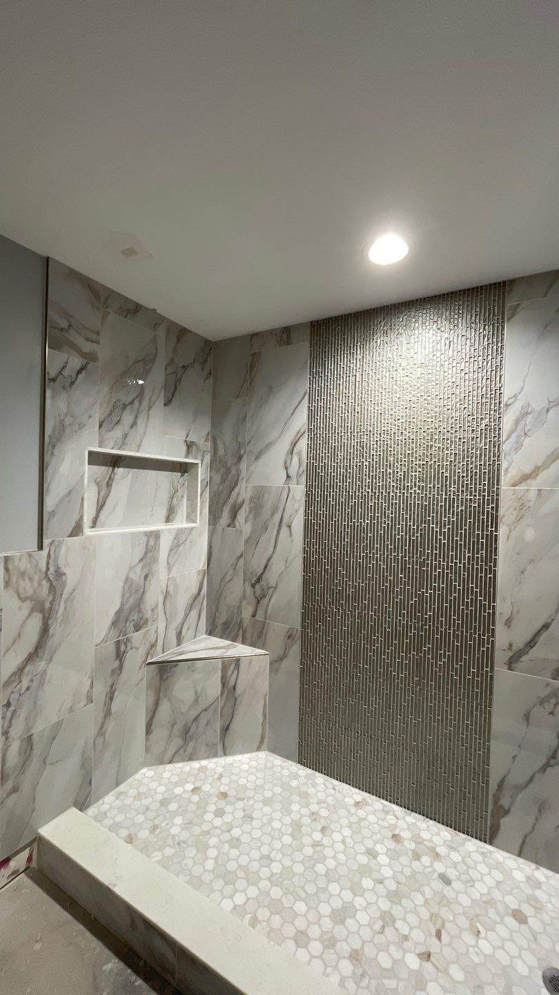 Stunning shower with Rain Glass by Footprints Bath and Tile of East Atlanta
