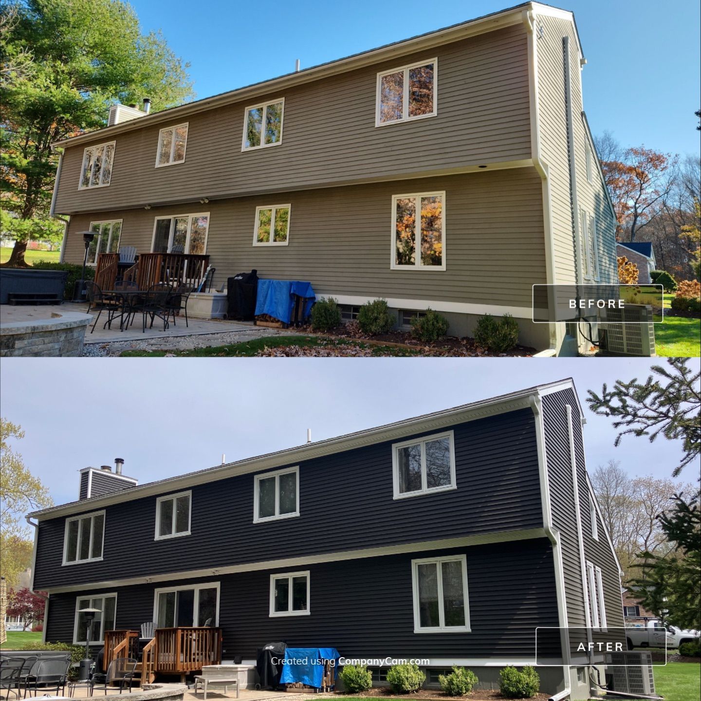 Siding transformation with Cert Monogram D/4 x16'8" clapboard Slate & Cert Monogram D/4 x 25' clapboard Slate by DiGiorgi Roofing and Siding Inc