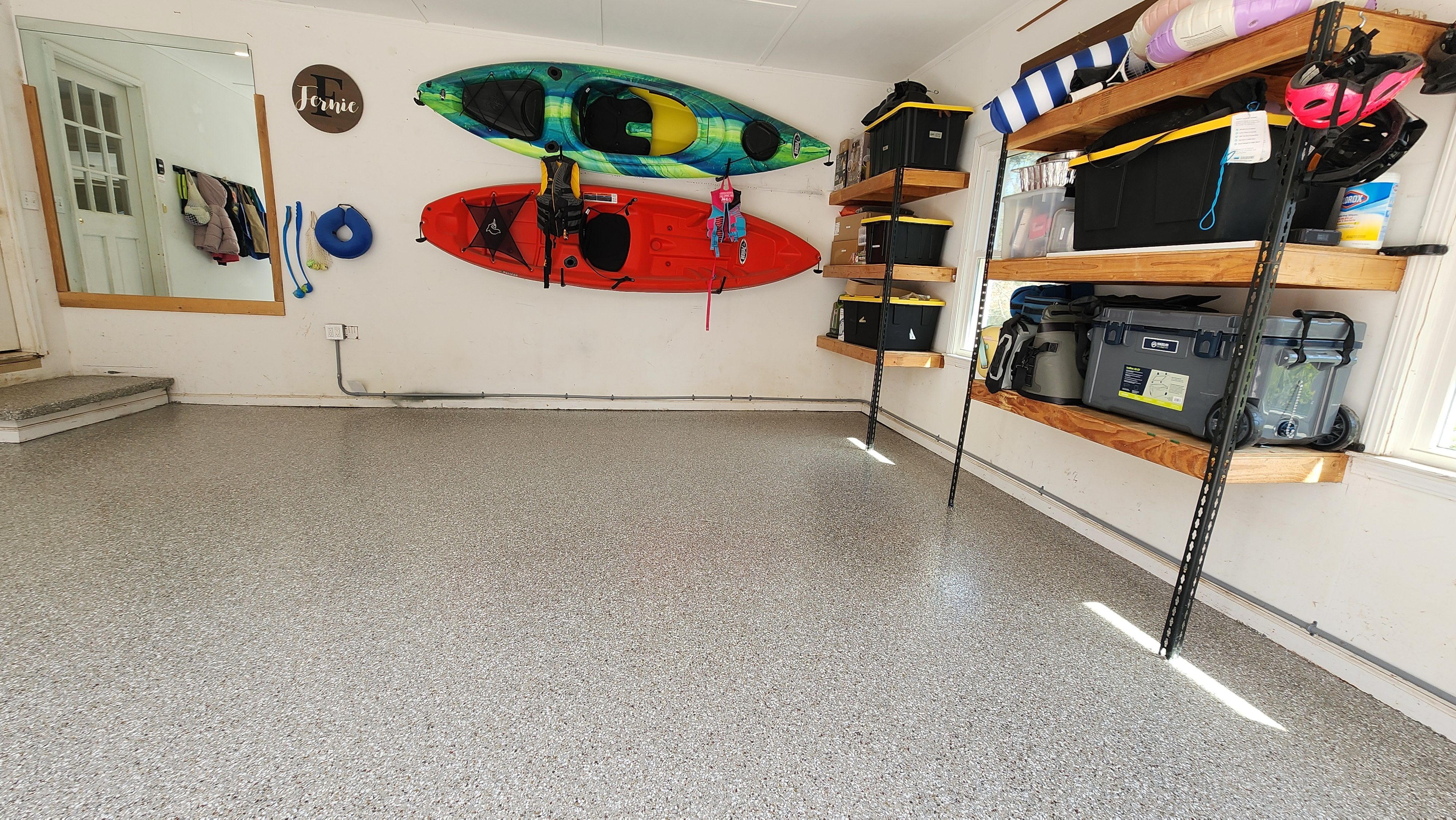 Garage floor transformation with Creekbed flake by Opus Renovations 