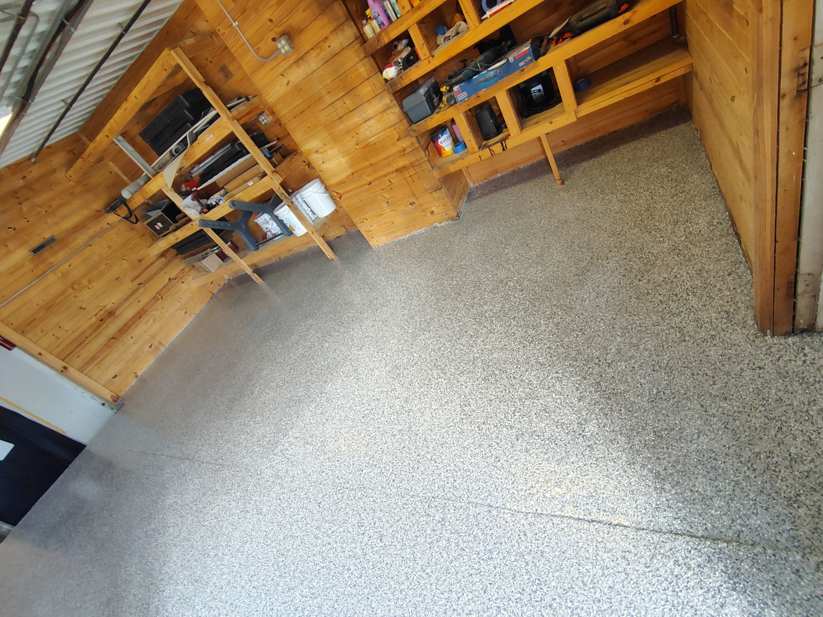 Commercial Epoxy Flake Floor Coating in Emmetsburg, Iowa by Select Painting, Coatings & Garage Cabinets
