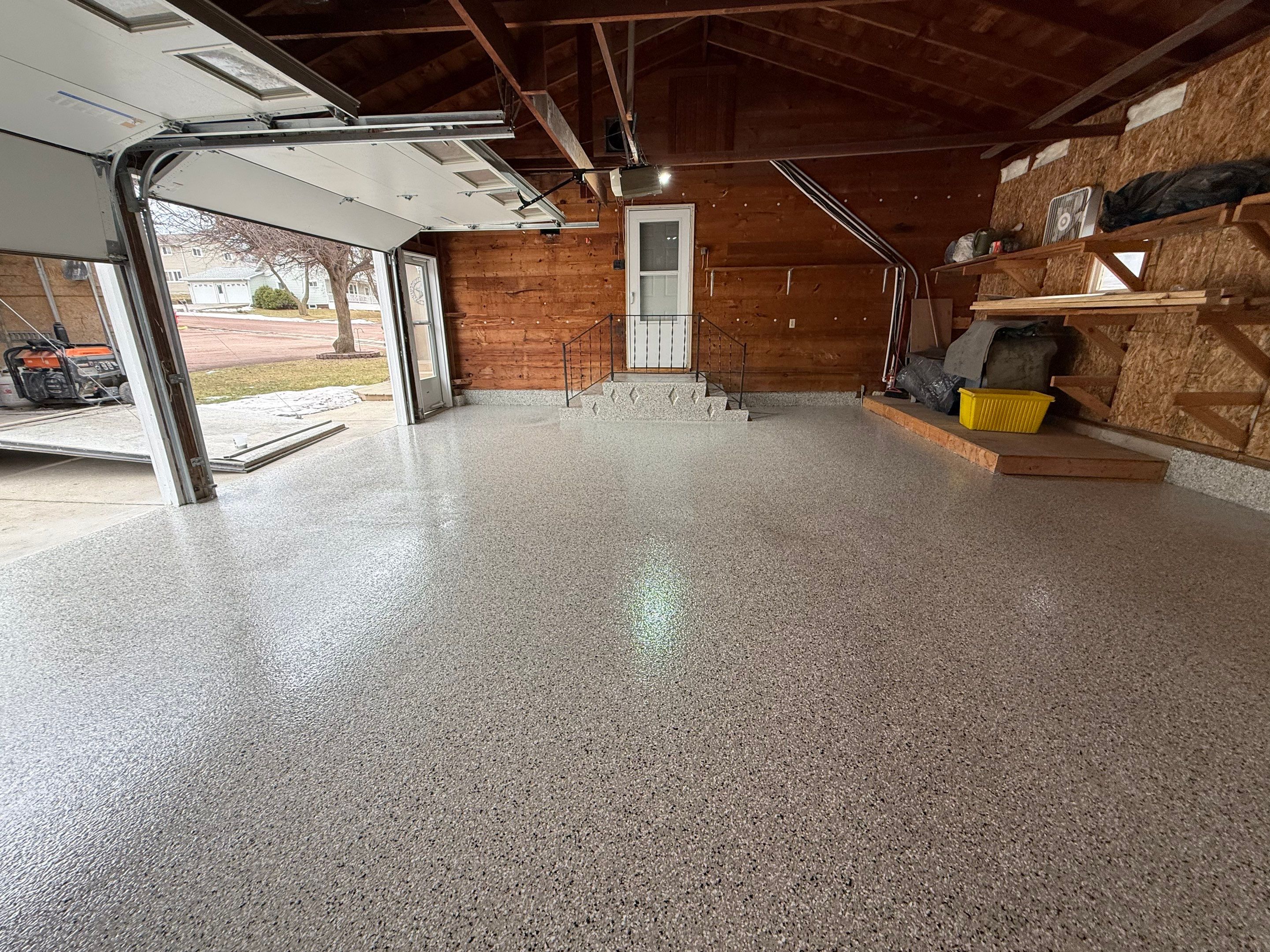 Multi-Colored Epoxy Garage Floor Coating and Concrete Stair Restoration by Select Painting, Coatings & Garage Cabinets