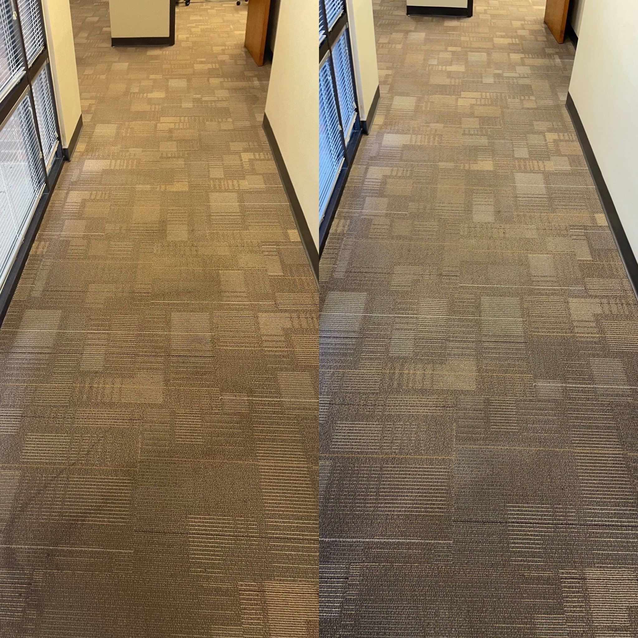 carpet cleaning service is being done in a commercial hallway with improved cleanliness and appearance on the right