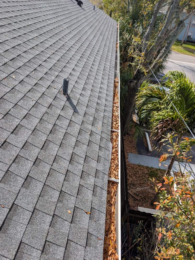 Gutter cleaning in Tampa FL, Before photo of a residential gutter full of leaves.