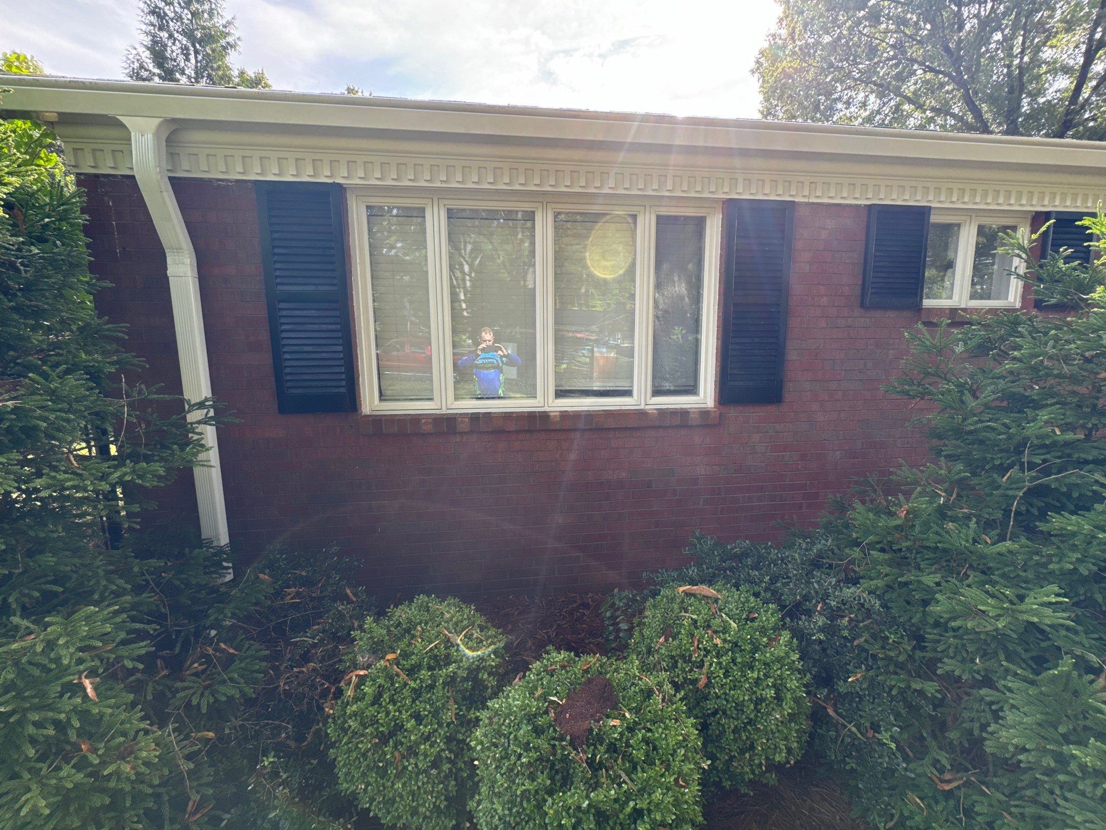 the service is cleaning the brick exterior and windows of the house to remove dirt and grime