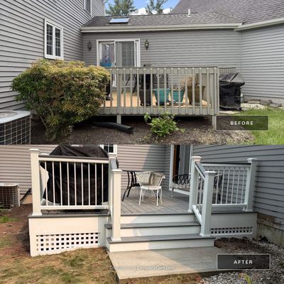 Replacement deck using Trex Tropical Island mist decking and matching cocktail railing. Enclosed with Lattice 