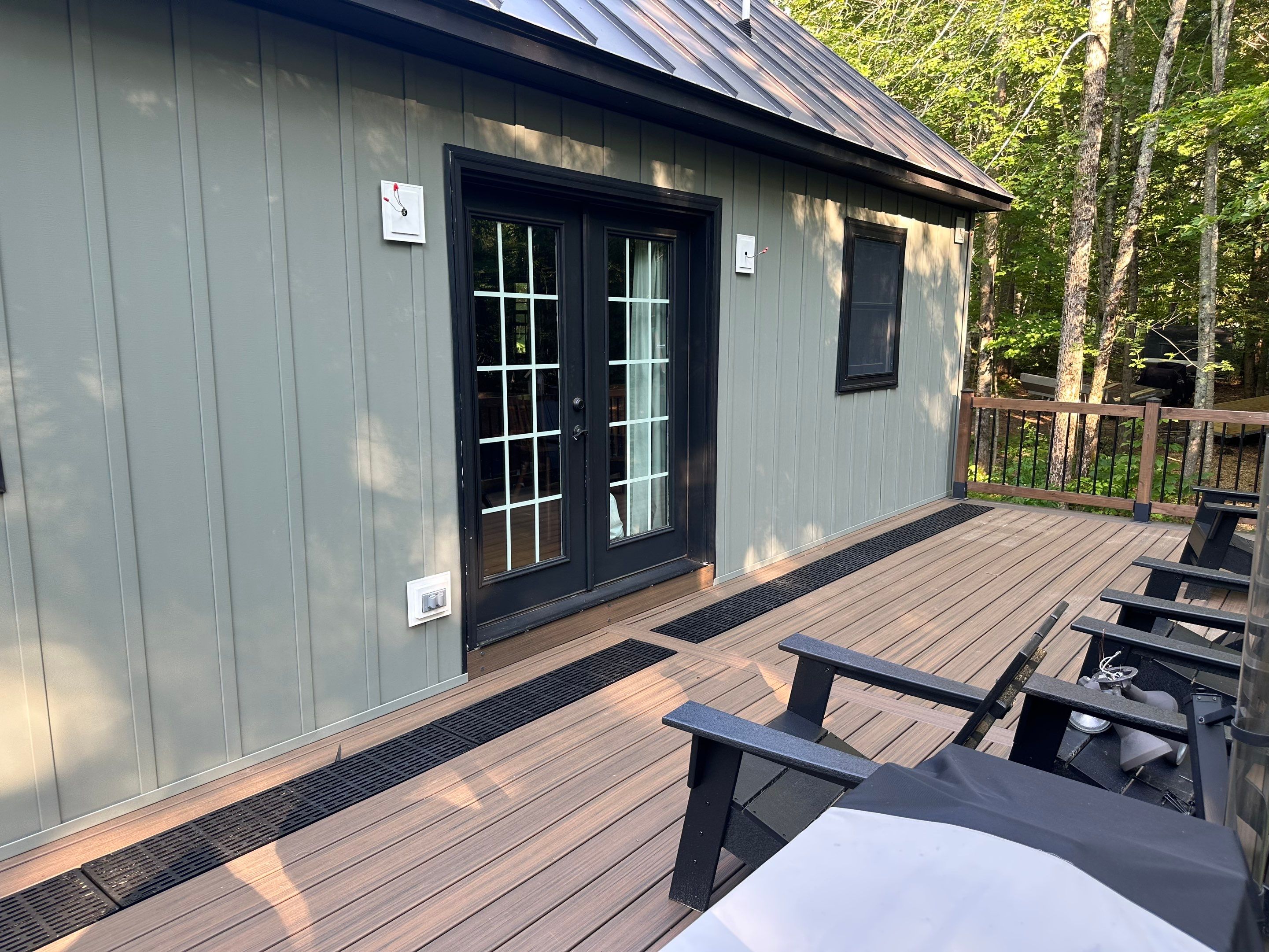 Sage Green Board and Batten Siding and Deck Upgrade in Standish by Tall pine roofing