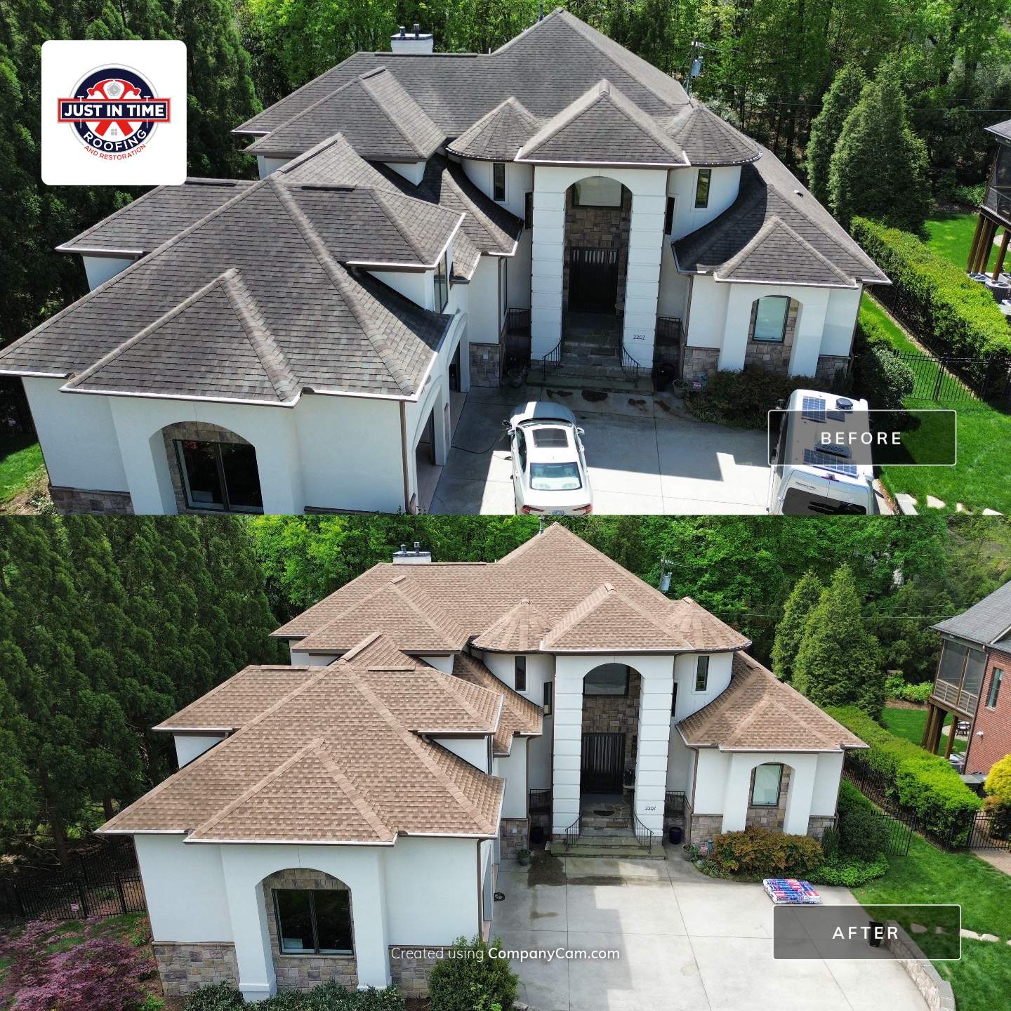 Full Roof Replacement using GAF HDZ Shakewood by Just In Time Roofing and Restoration