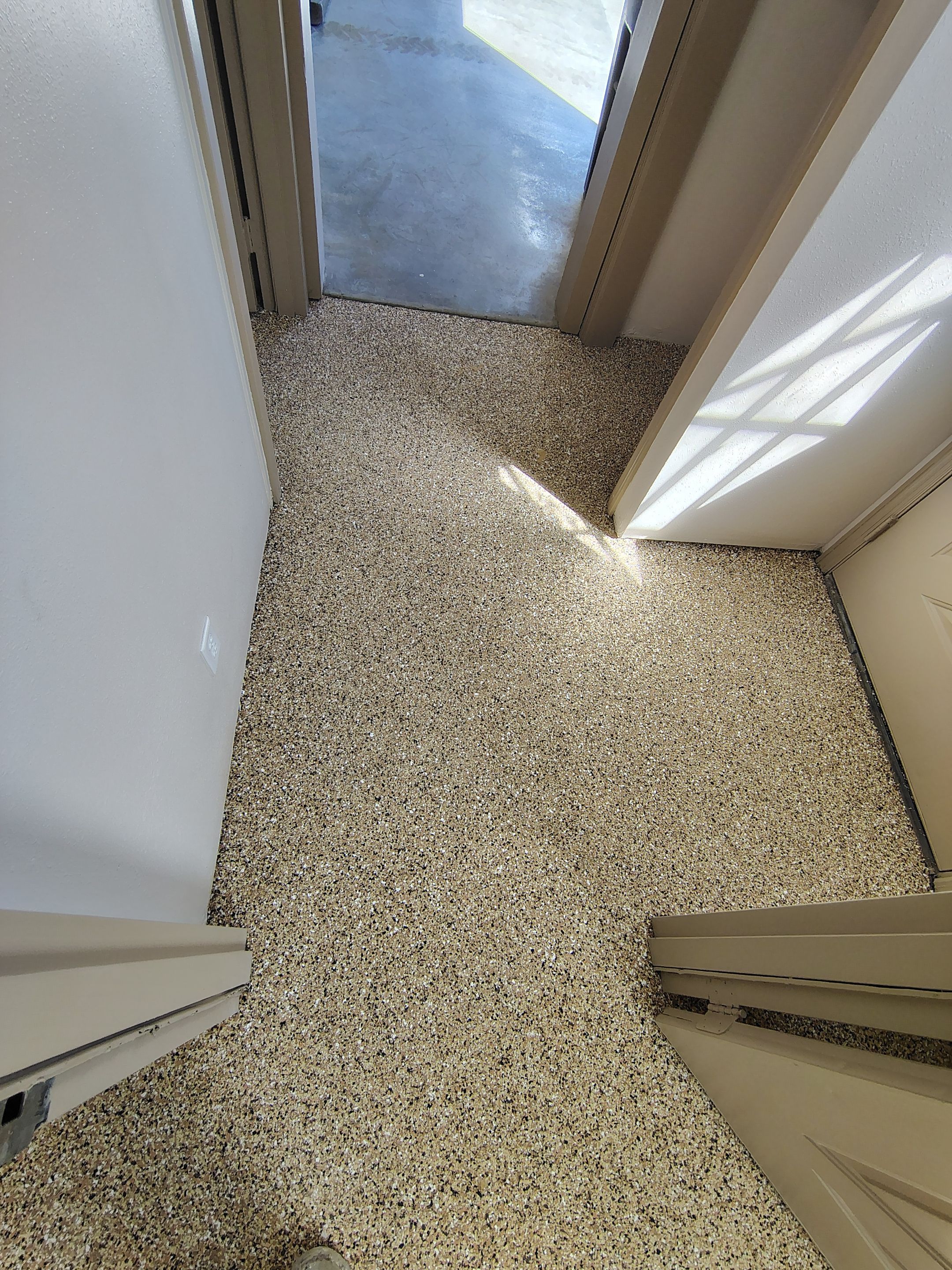 Durable Epoxy Flake Floor Coating for Commercial Workshop by Select Painting, Coatings & Garage Cabinets