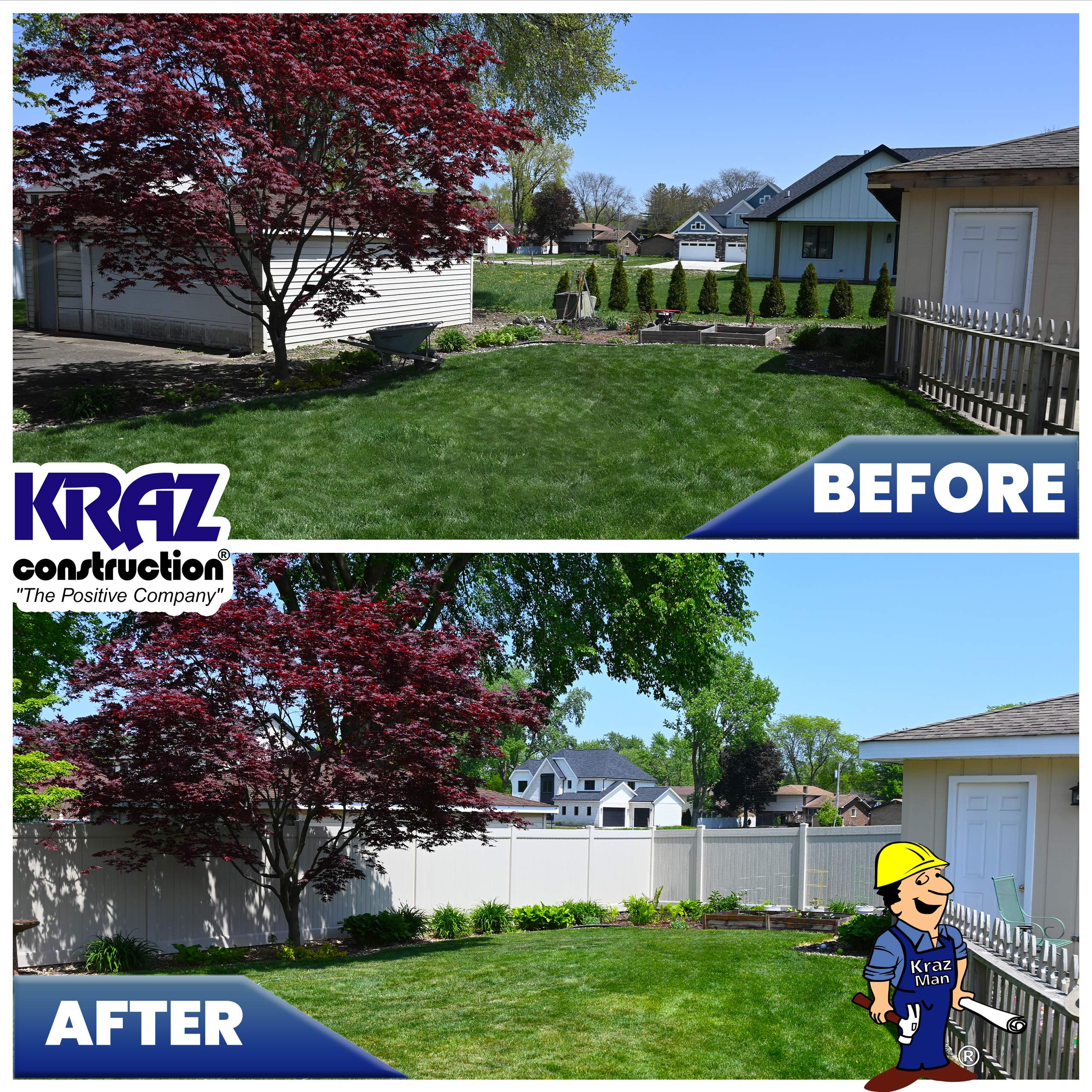Vinyl Fence Installation in Backyard by Kraz Construction