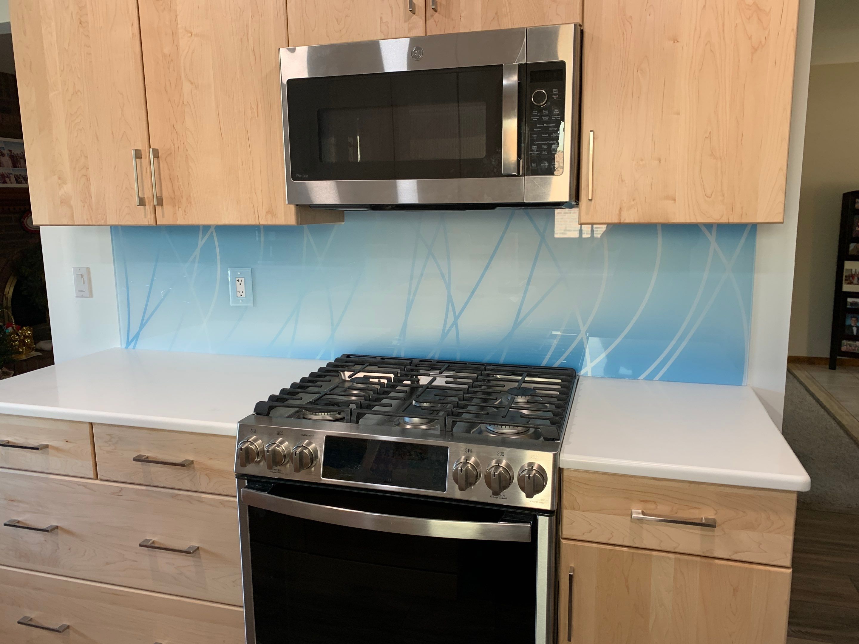 Kitchen Remodel using Misty Curves Blue IMAGIO Solid Glass Backsplash by IMAGIO
