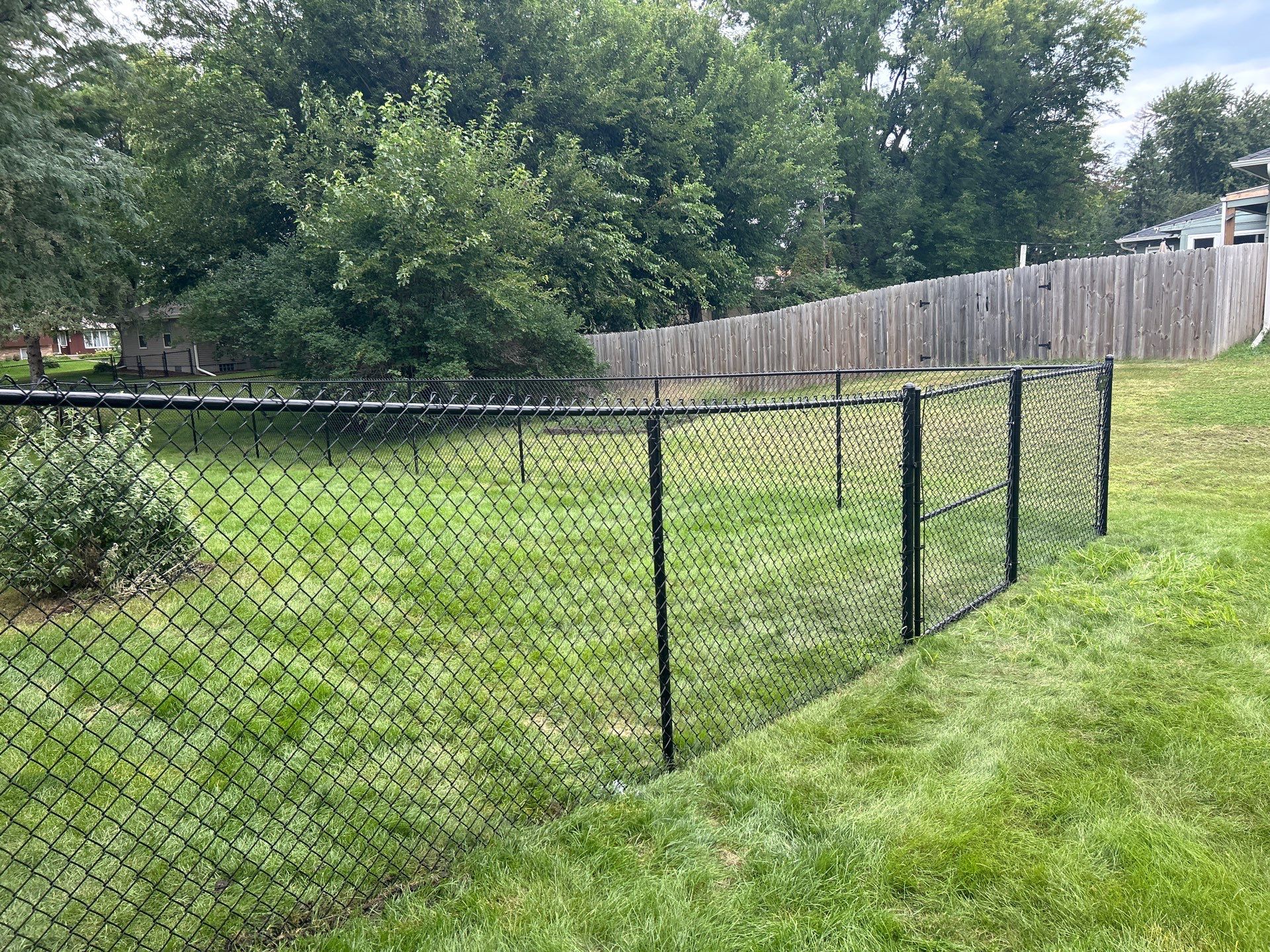 Black Vinyl-Coated Chain Link Fence Installation in Waterloo by Perfect Picket Fence and Stain