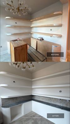 Before and after photo of built-in cabinetry painted white by Hill Country Painting in Austin, TX