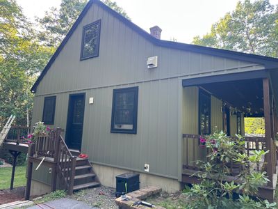 Sage Green Board and Batten Siding and Deck Upgrade in Standish