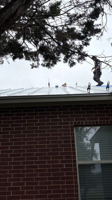 Worker installing standing seam metal roof on brick house.