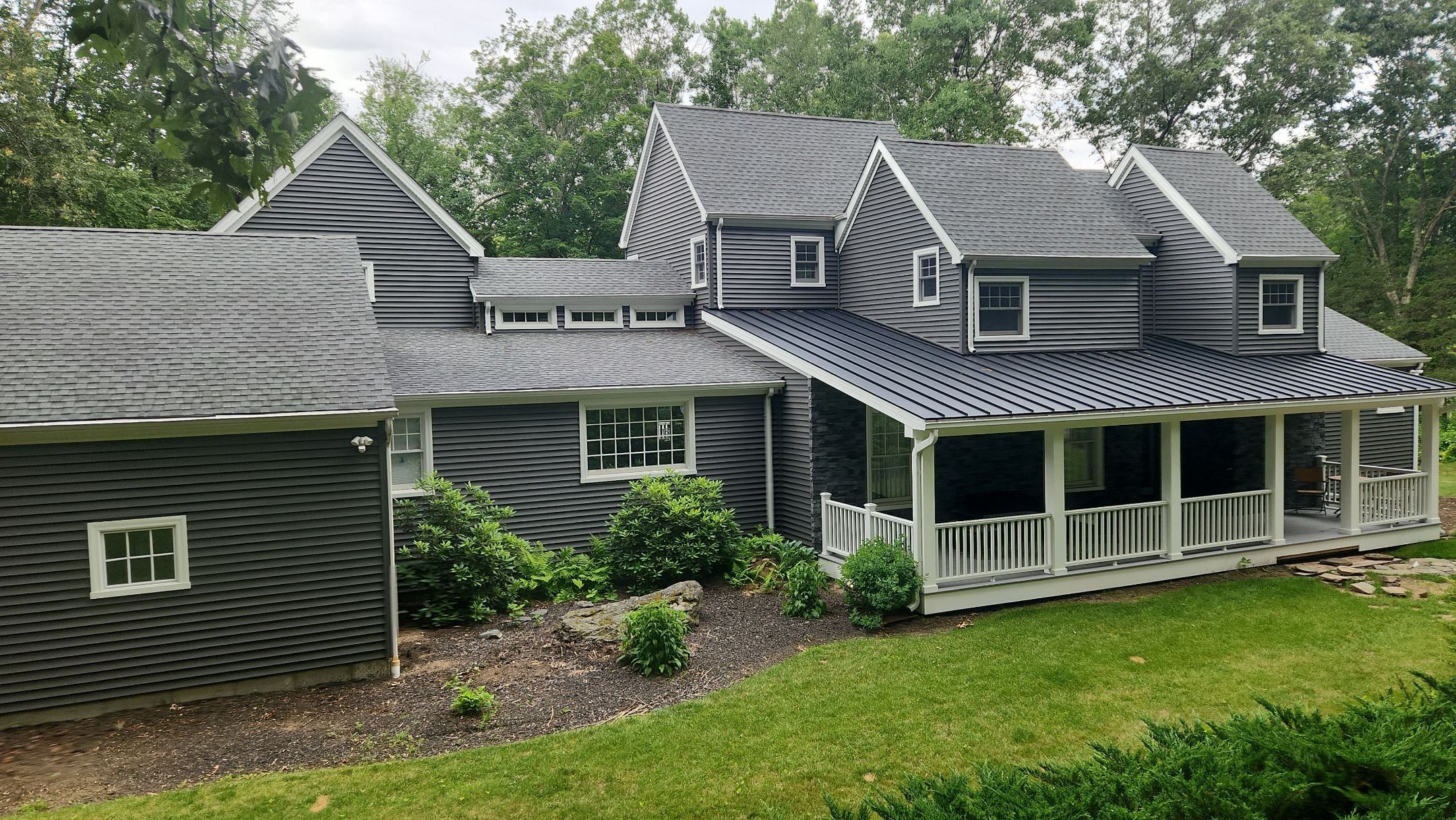 Siding refreshed with Cert. Monogram D/4 x 12'6" clapboard, Smoky Gray and Stone Facade, Coastal Gray by DiGiorgi Roofing and Siding Inc