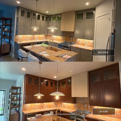 Before and after photo of a full kitchen cabinet repaint by Hill Country Painting in Austin, TX