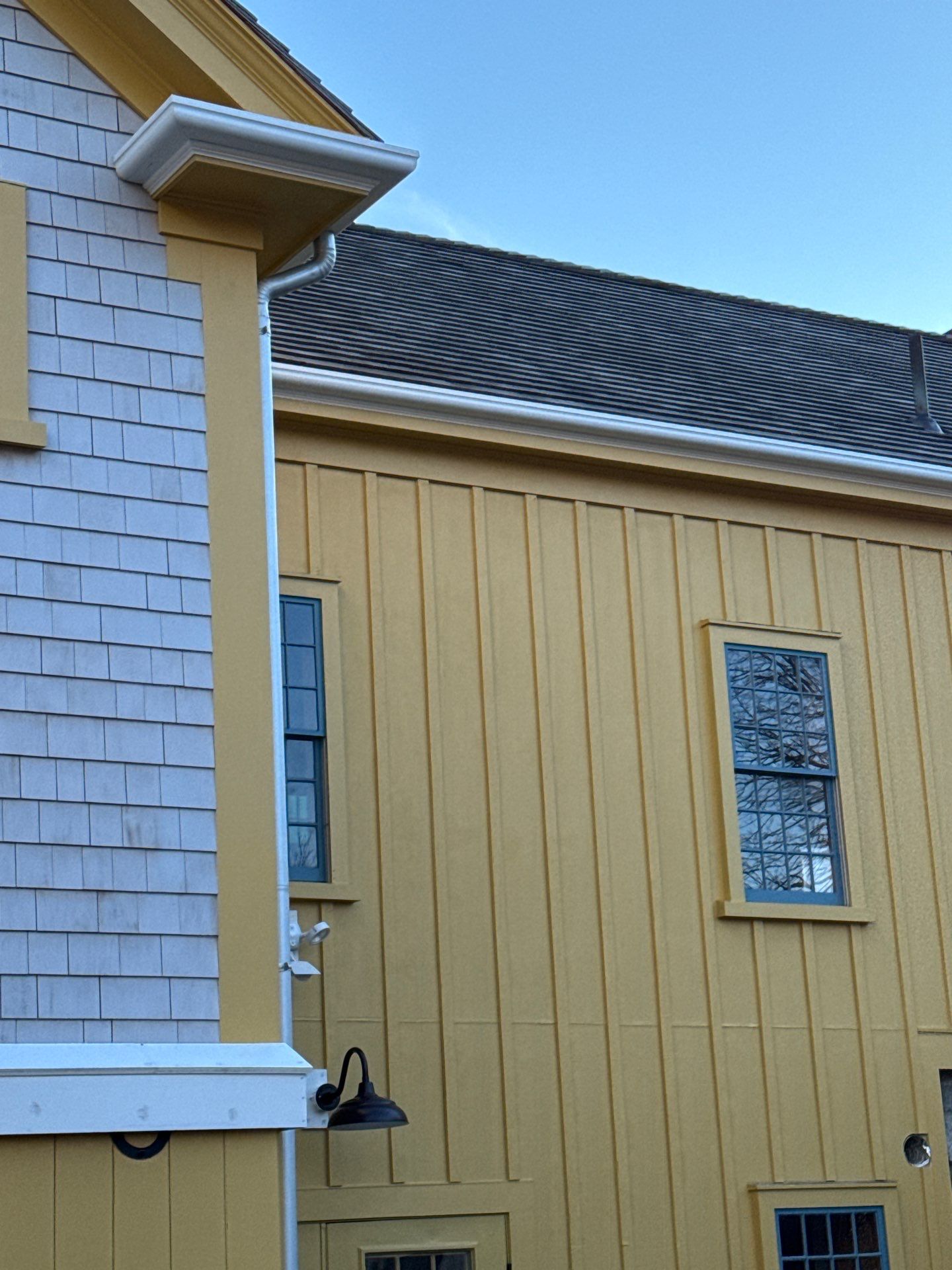 4x6 Fiberglass Gutter Installed with Round Smooth Galvalume Downspouts in Duxbury, MA by Gutter Pro Enterprises