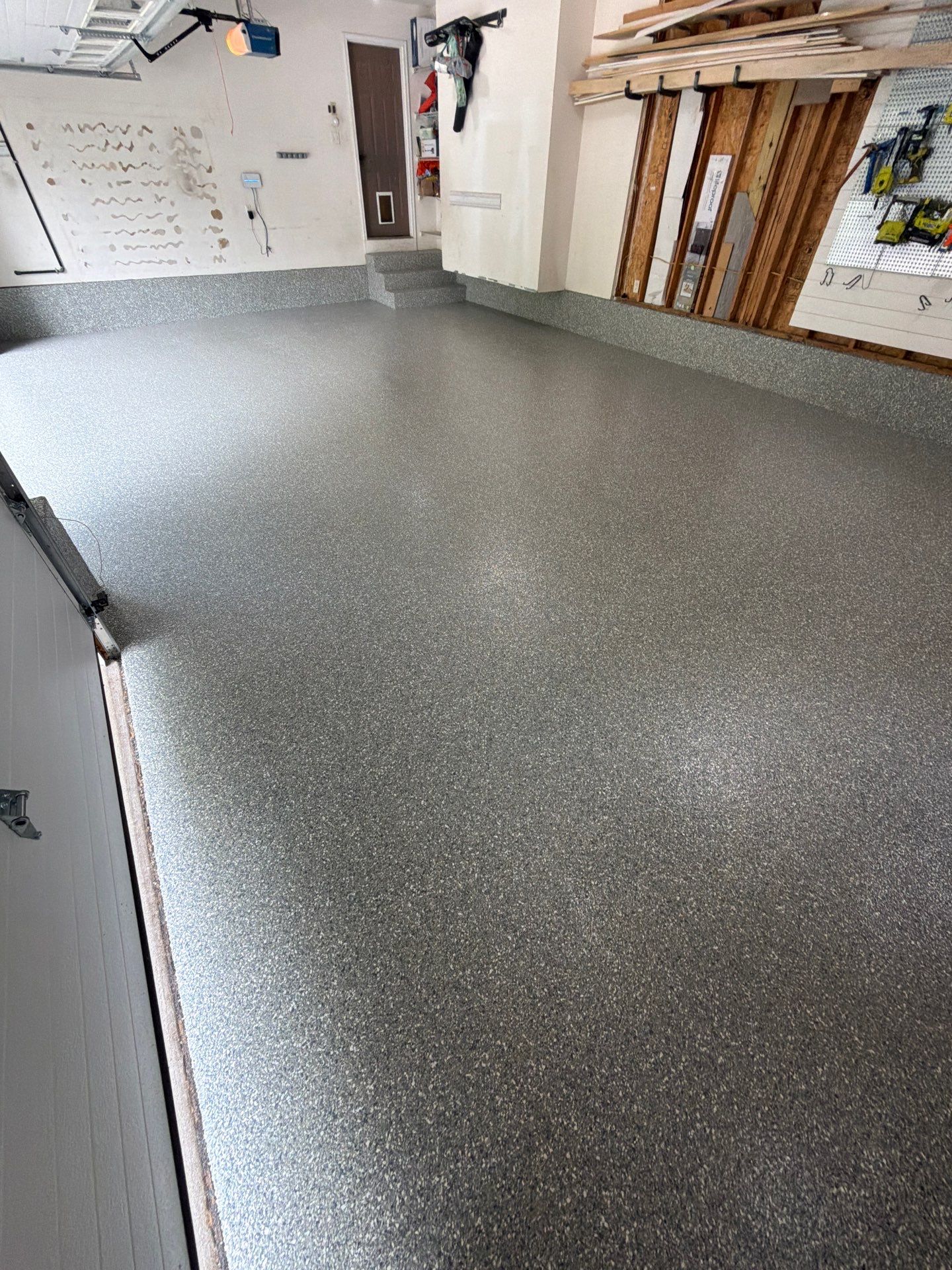 Custom Grey Flake Epoxy Garage Floor and Step Coating in Norton Shores by Gordon Painting